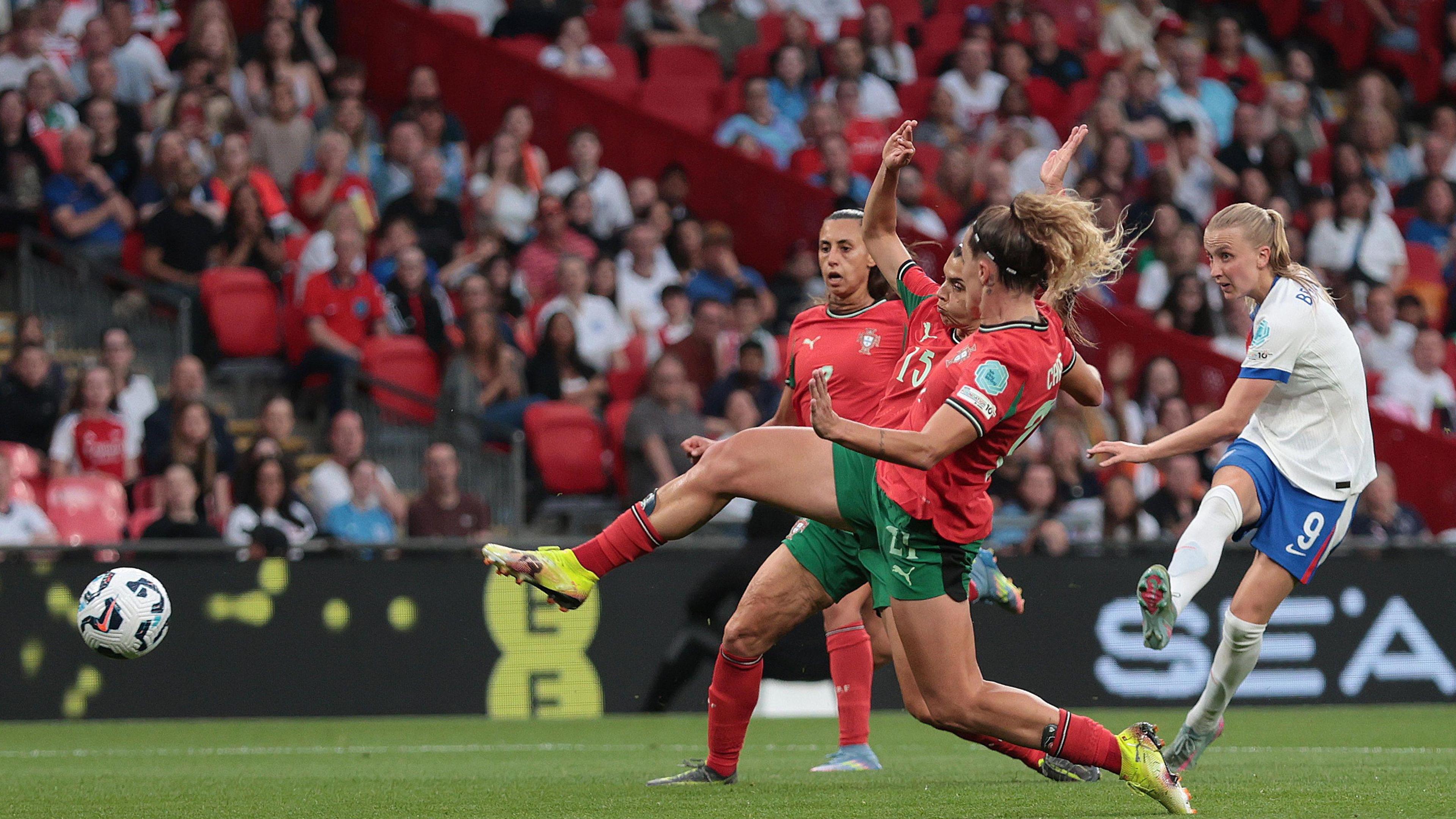 Aggie Beever-Jones completes her hat-trick against Portugal at Wembley