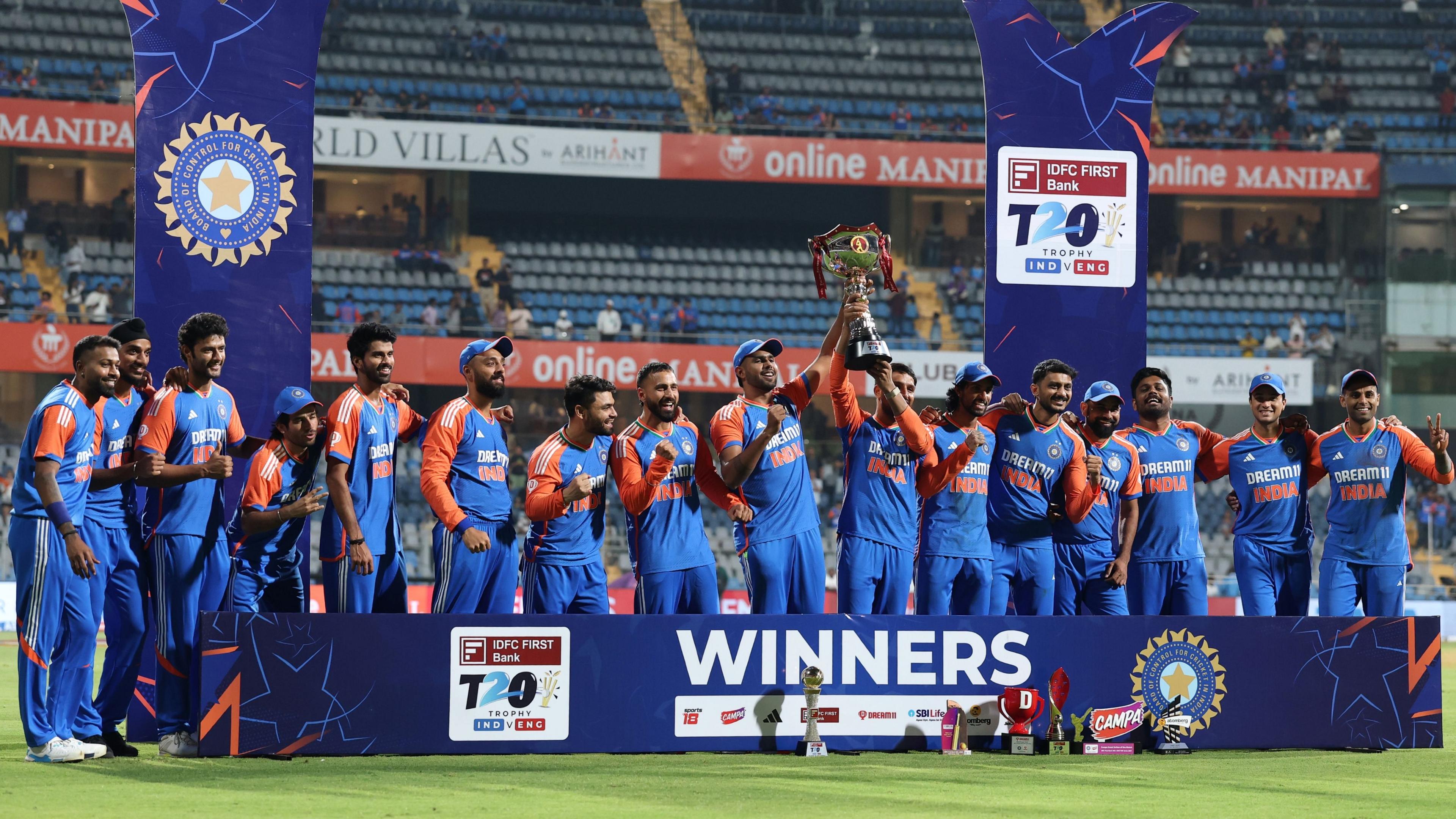 India celebrate their T20 series win against England