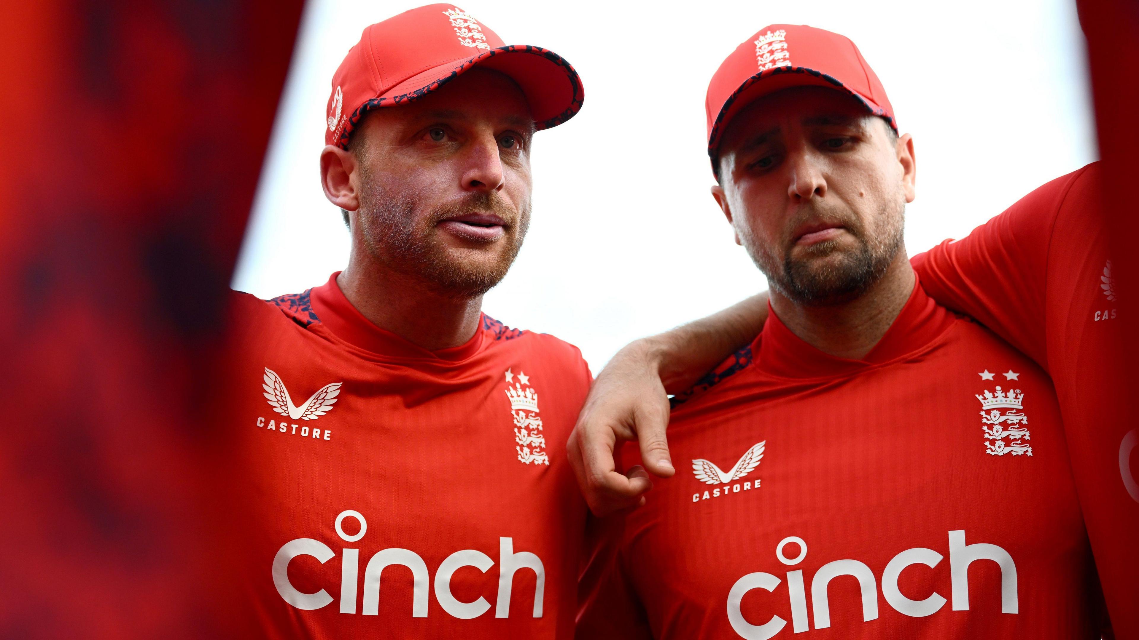 England captain Jos Buttler in a group huddle before an international match