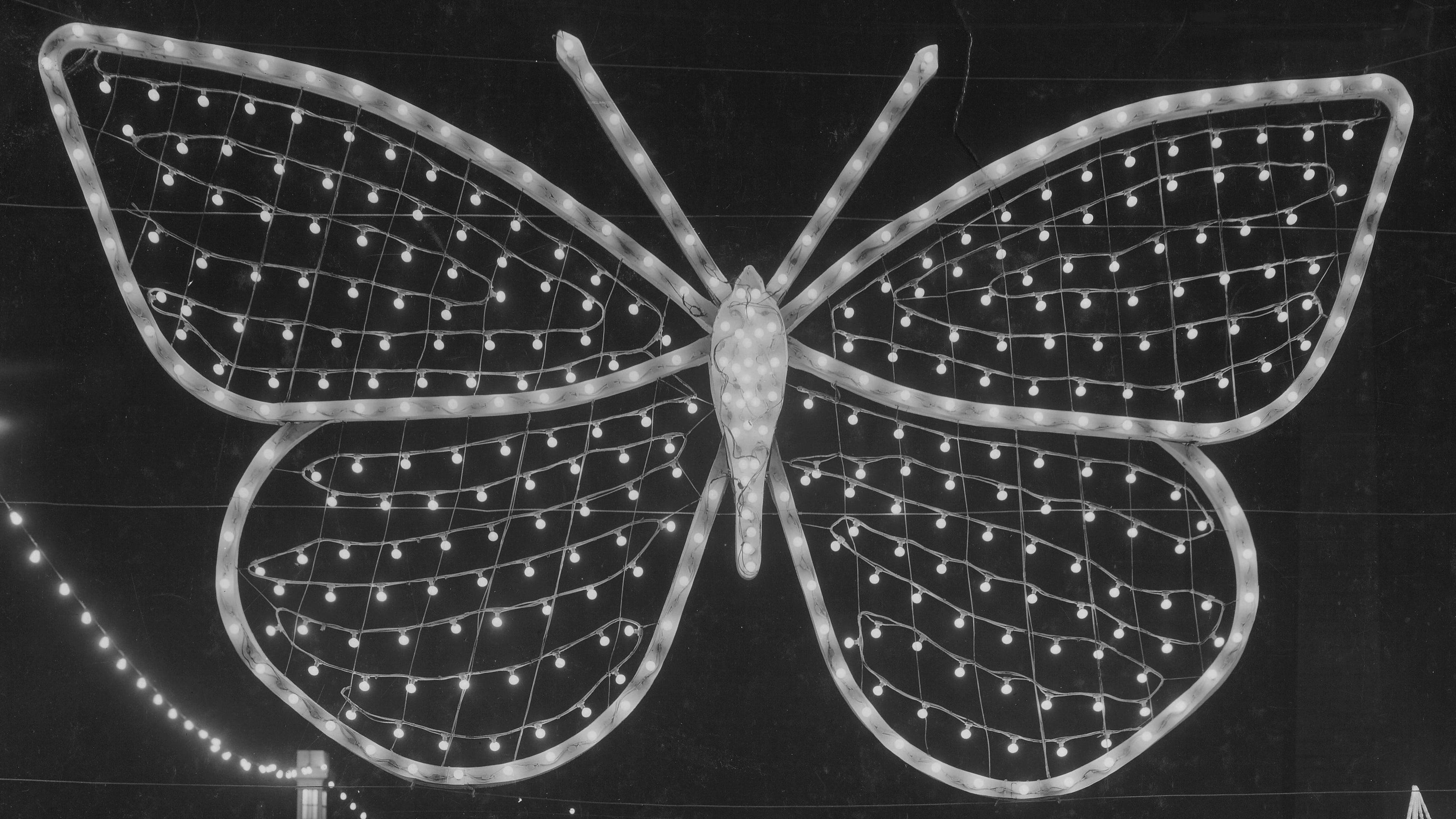 A black-and-white image of a huge butterfly light display in the Blackpool Illuminations from 1928.