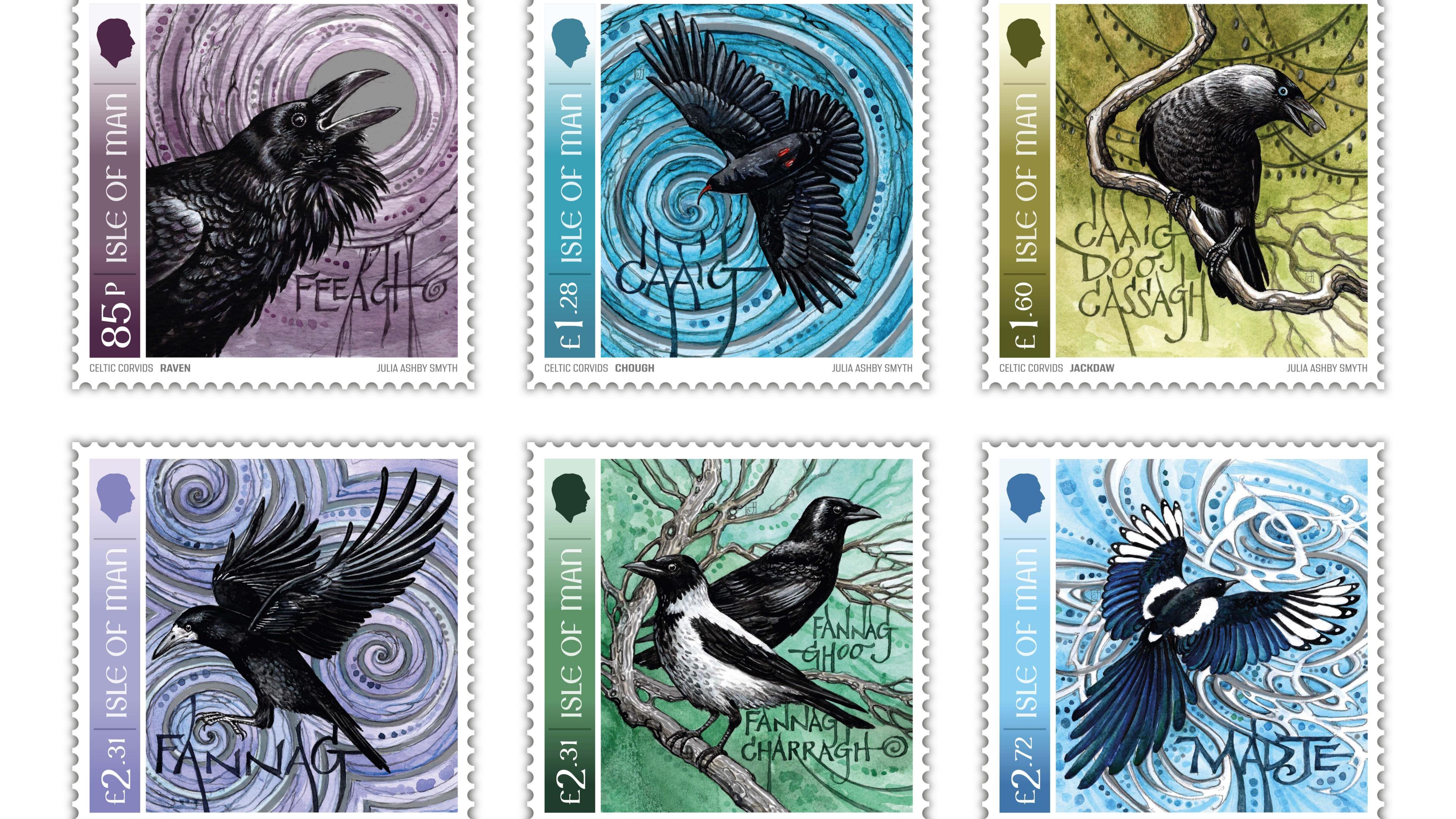 Six stamps, each shows the birds in black in a variety of poses over bright purple, green, blue and yellow backgrounds, with a raven cawing, the underside of a chough flying, a jackdaw on a branch looking over its shoulder, a rook about to start flying, a crow and hoodie perched on branches facing different directions and a magpie flying.