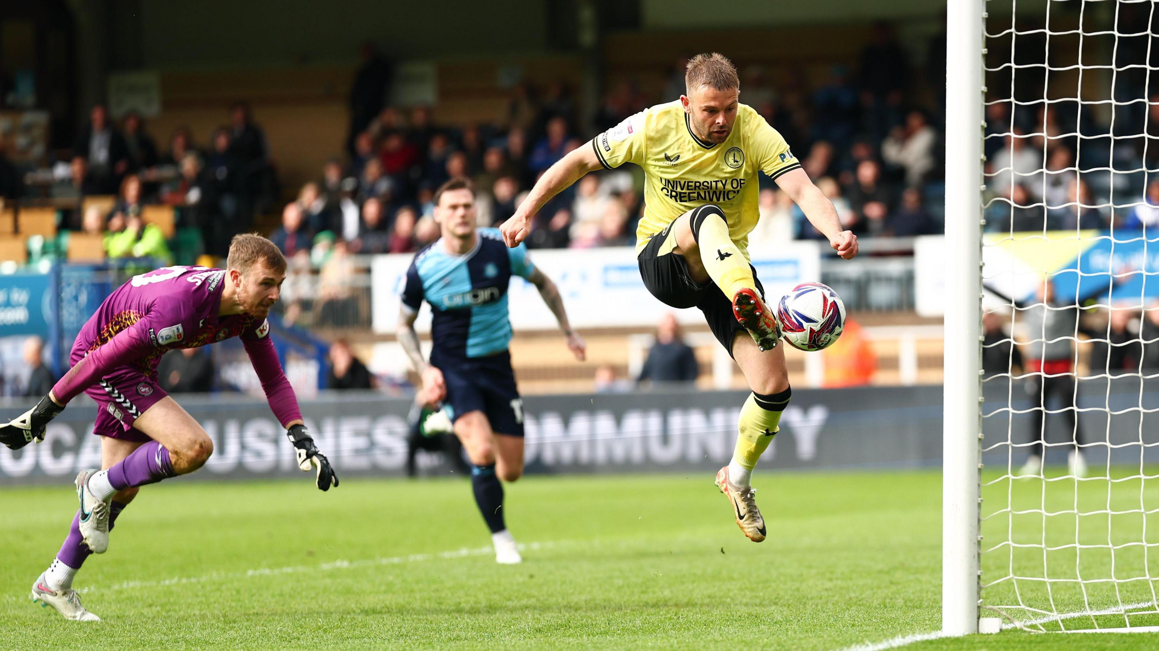Matty Godden scores Charlton's third goal against Wycombe from close range