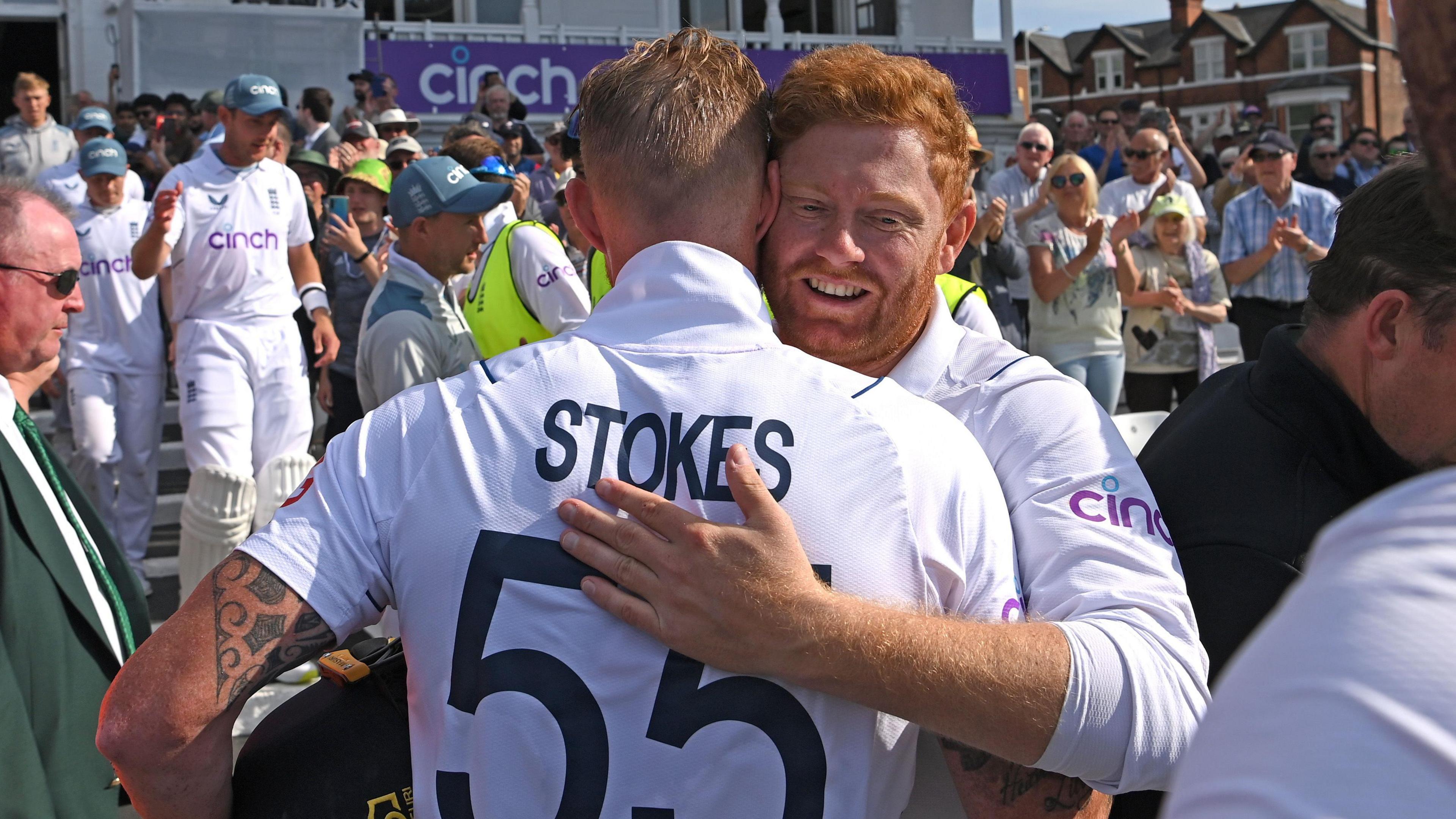Jonny Bairstow and Ben Stokes hug after England beat New Zealand by five wickets at Trent Bridge in 2022