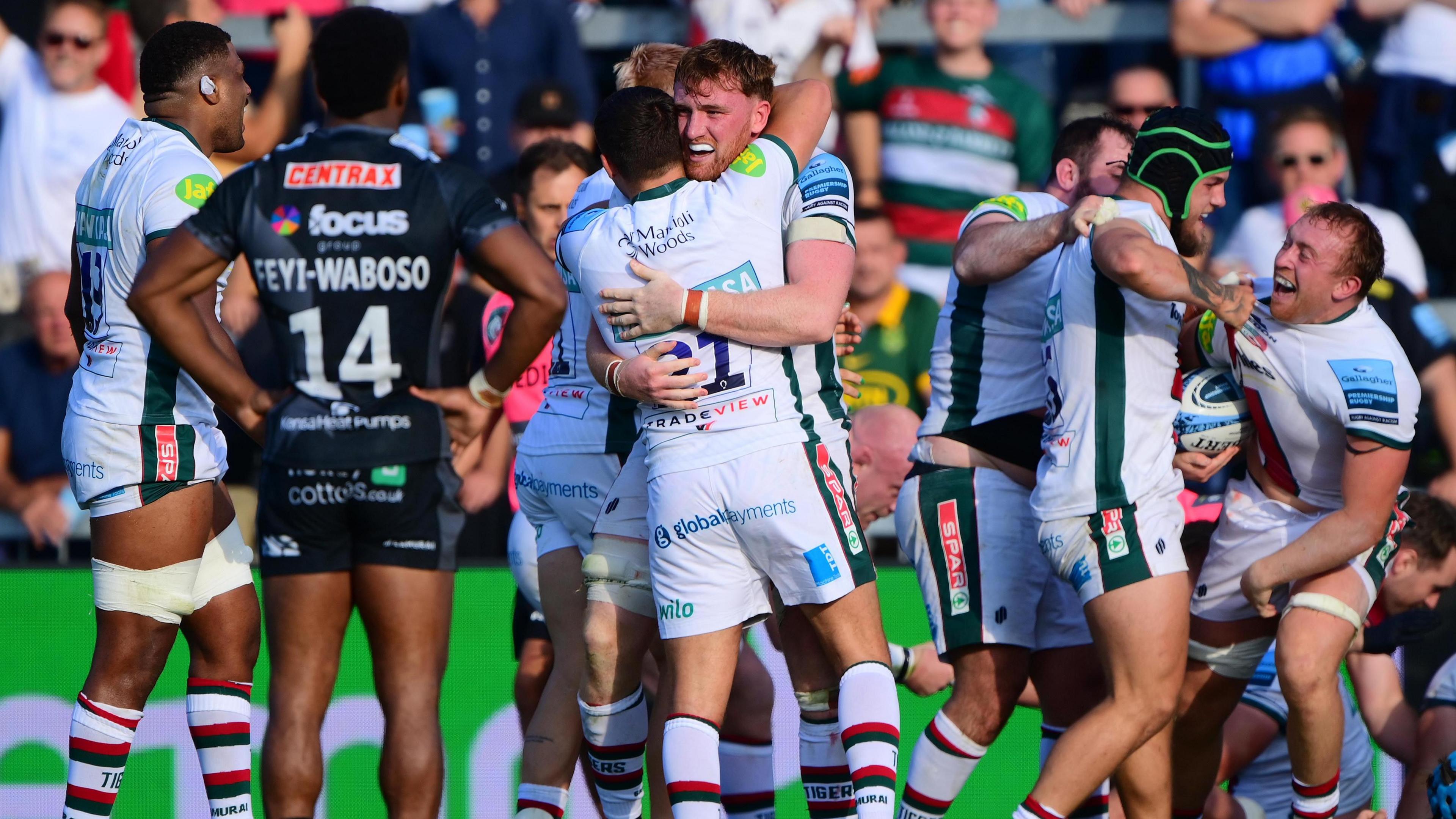 Leicester celebrate beating Exeter