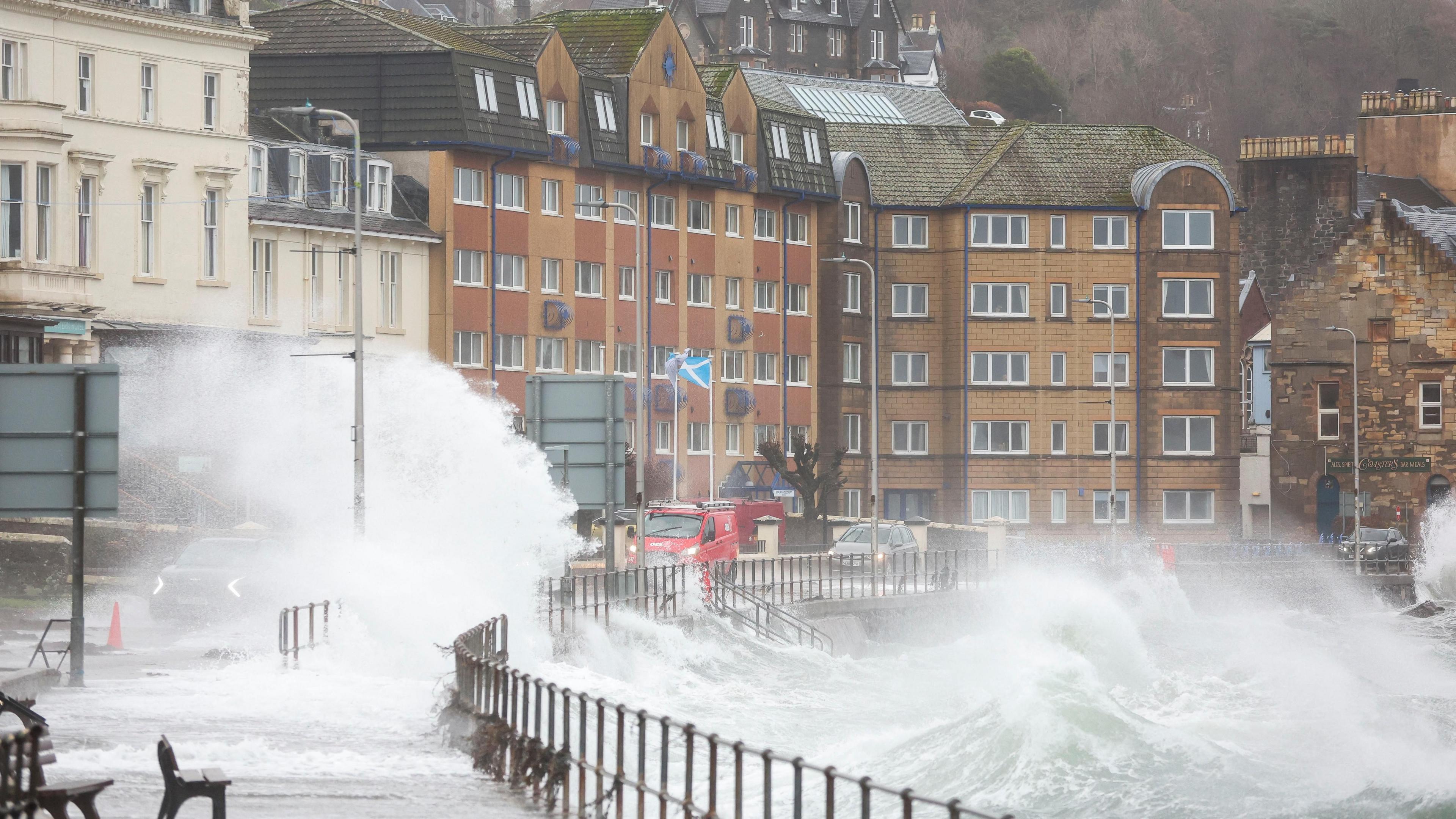 Waves crashing over the seafront, as Storm Eowyn hits in Oban, Scotland. 