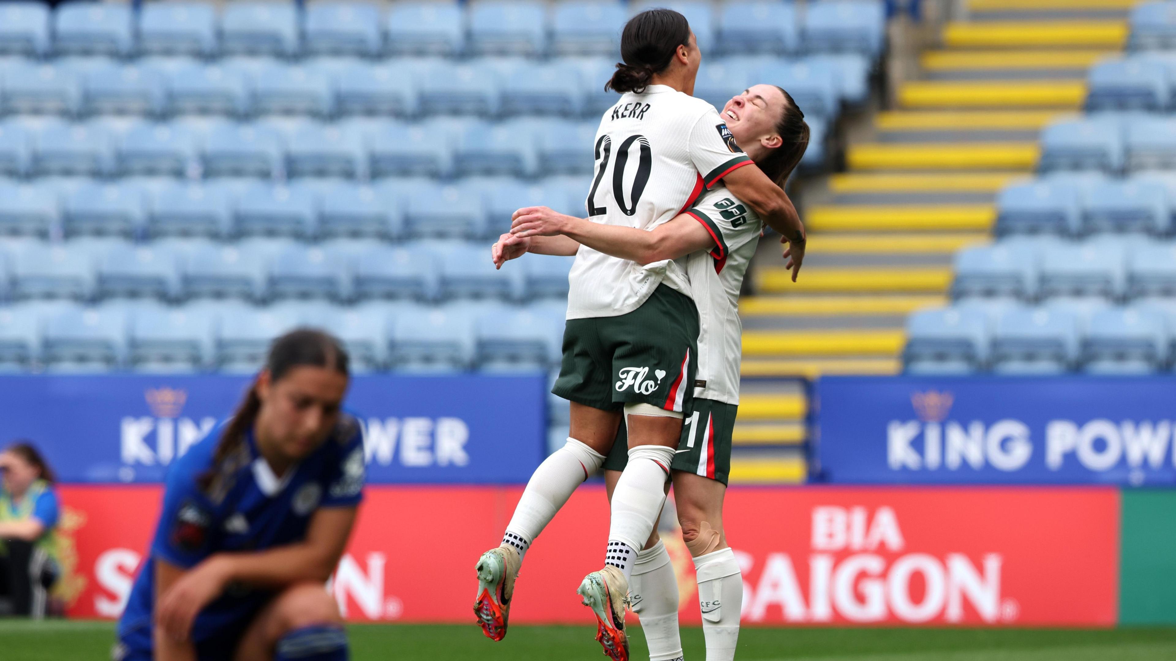 Sam Kerr celebrates with Niamh Charles