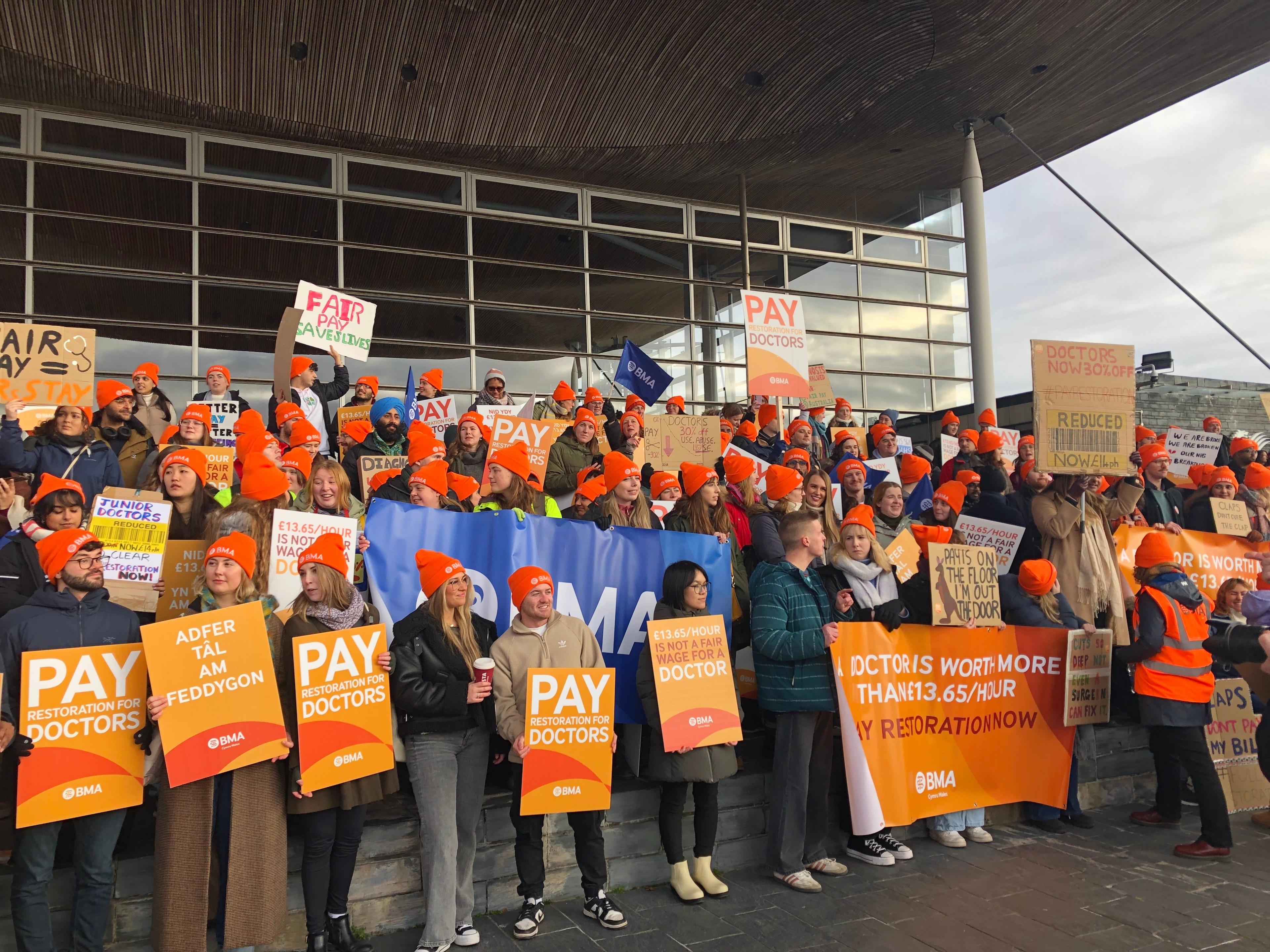 Junior doctors protested outside the Welsh parliament in January