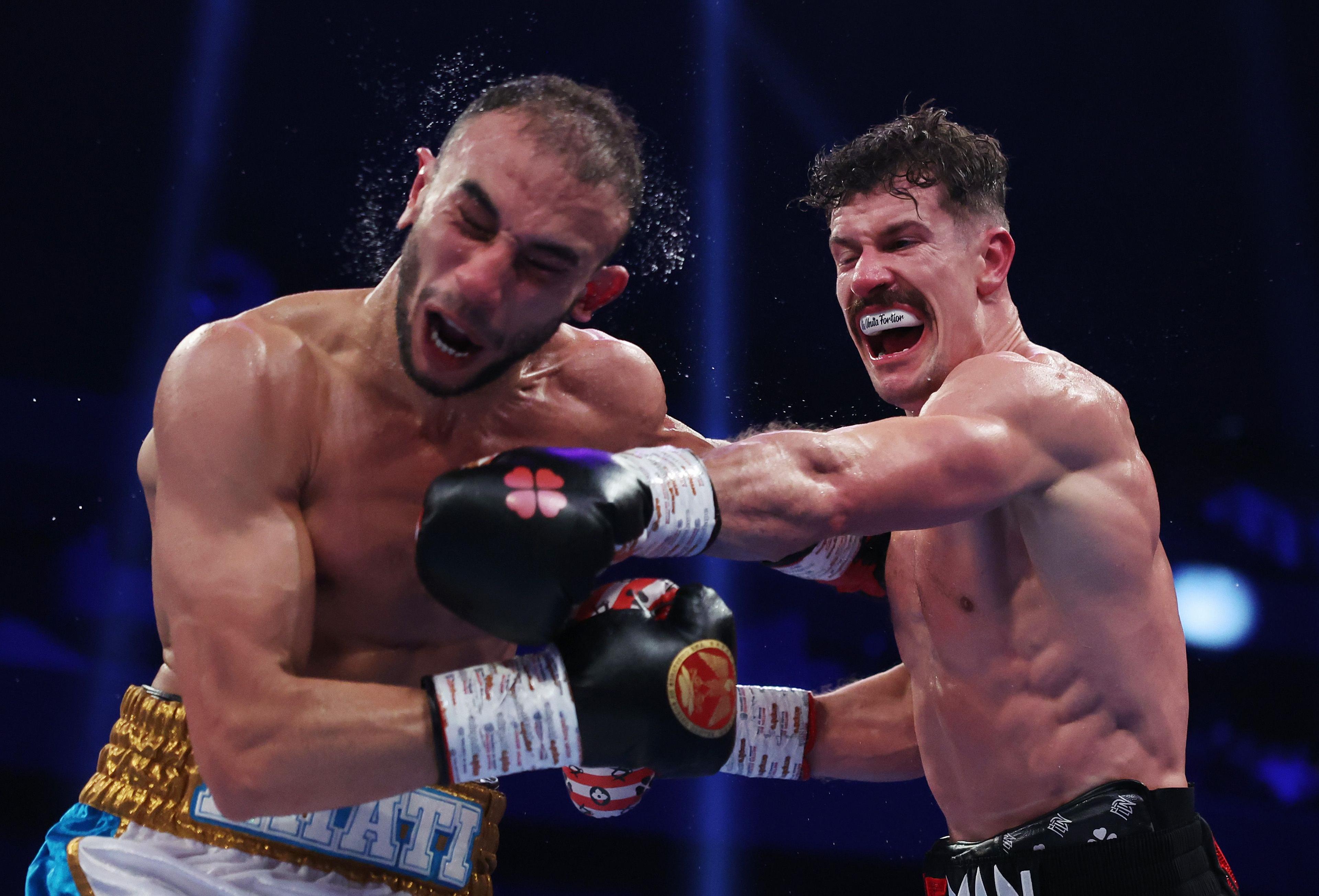 Nathan Heaney punches Sofiane Khati during the WBA Continental Middleweight title fight between Nathan Heaney and Sofiane Khati as part of Derek Chisora v Otto Wallin, The Last Dance card at Co-op Live in Manchester, England