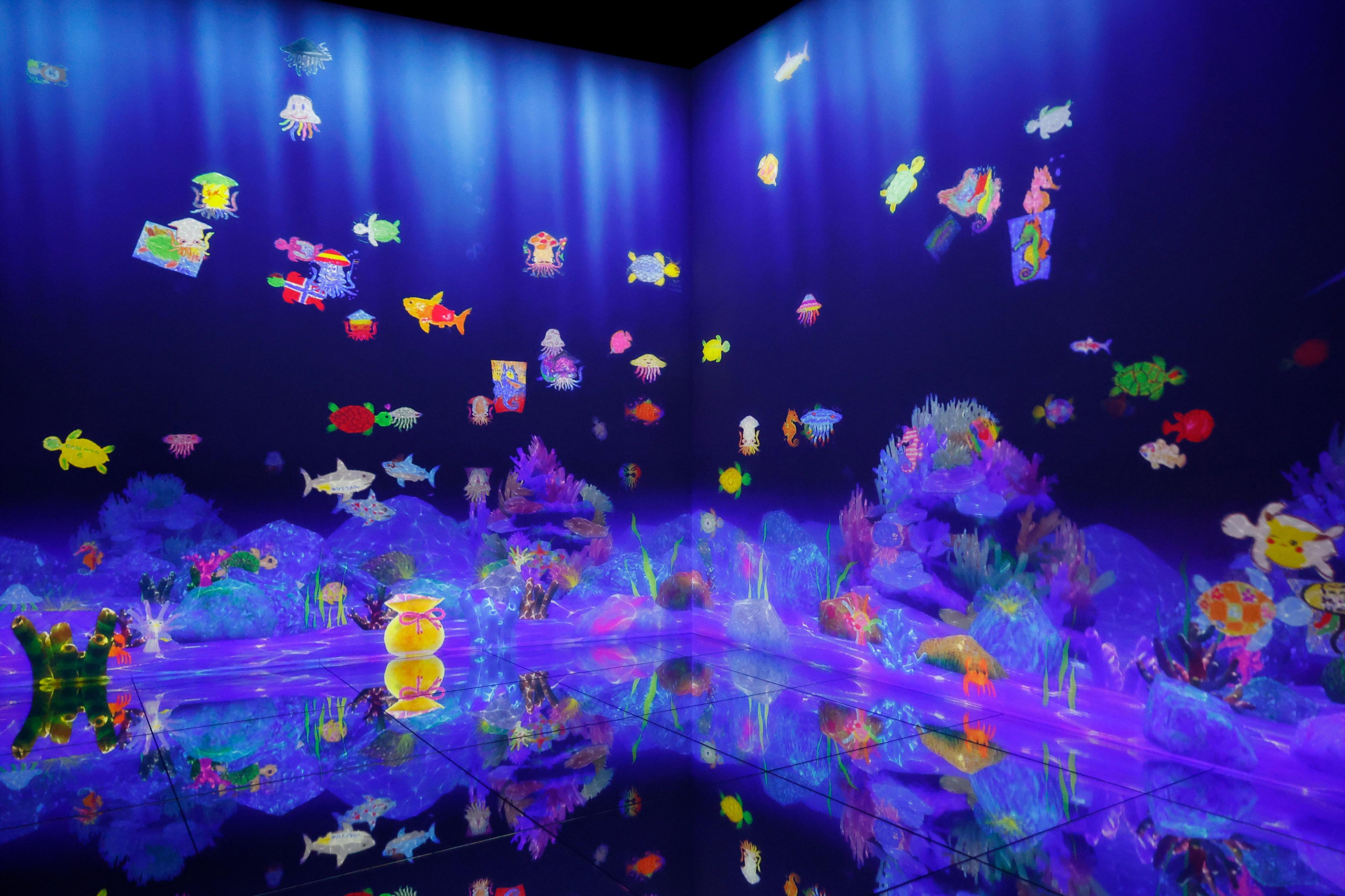 Images of fish are projected on to a dark room's walls and floor.