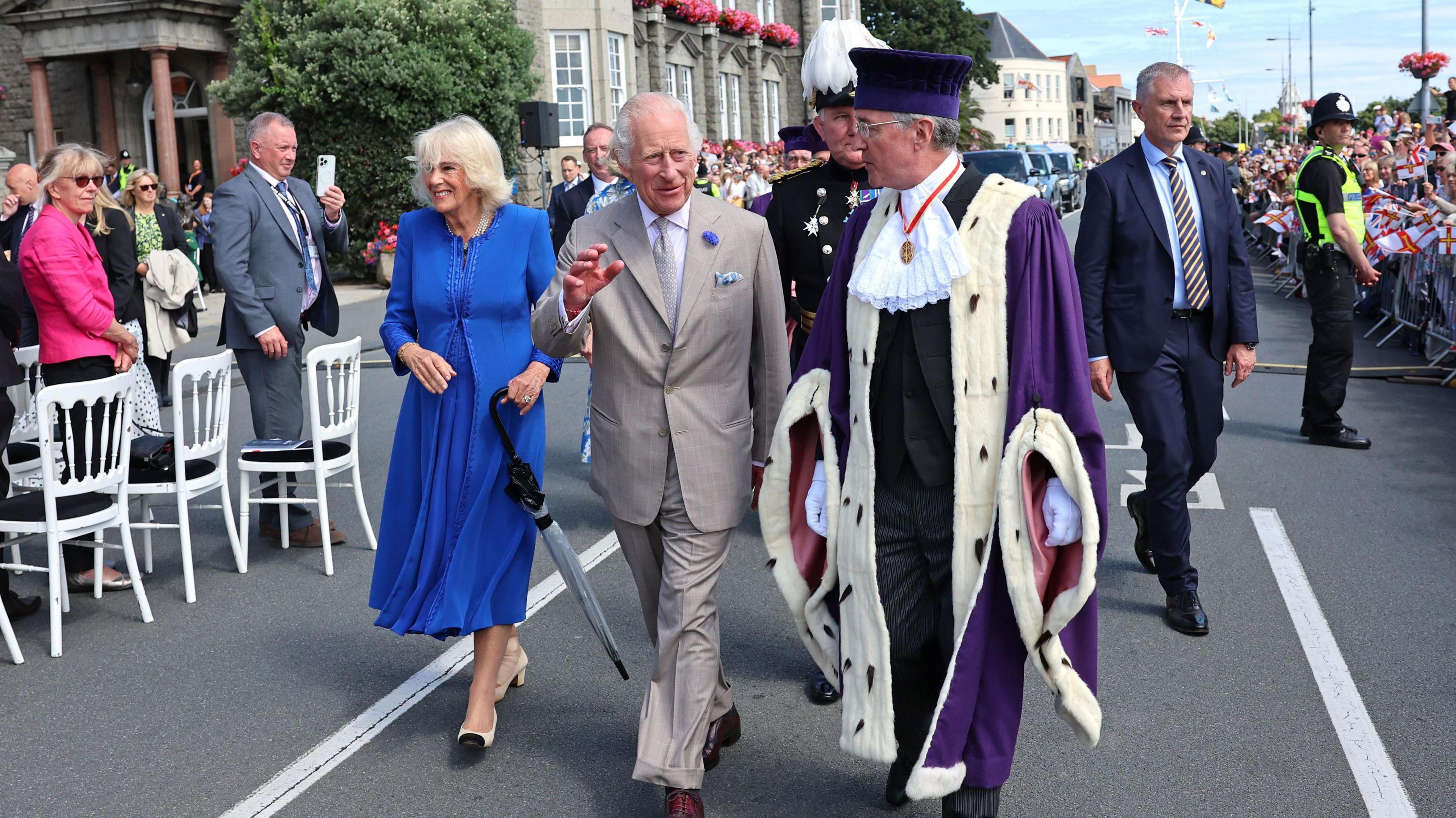 King Charles III and Queen Camilla arrive to attend the special sitting of the States of Deliberation, at the Guernsey Parliament in Saint Peter Port, Guernsey, during their two day visit to the Channel Islands.