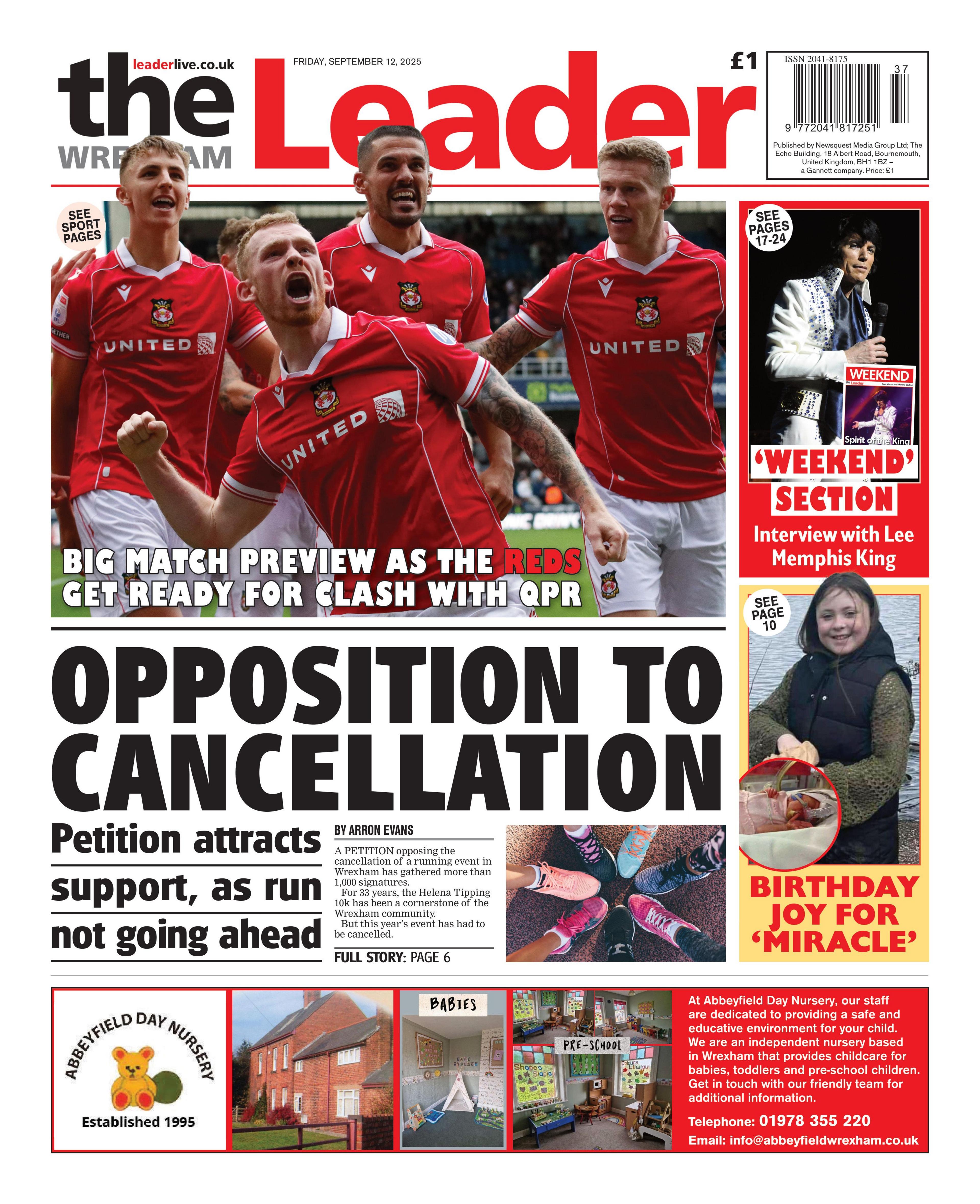 Front page of the Wrexham Leader. Main headline reads: Opposition to Cancellation" - petition attracts support, as run not going ahead. Above the headline is an image of four footballers with red jerseys on. One kneels at the front holding his left hand in a fist. Below the image a headline reads: "Big match preview as the reds get ready for clash with QPR." 