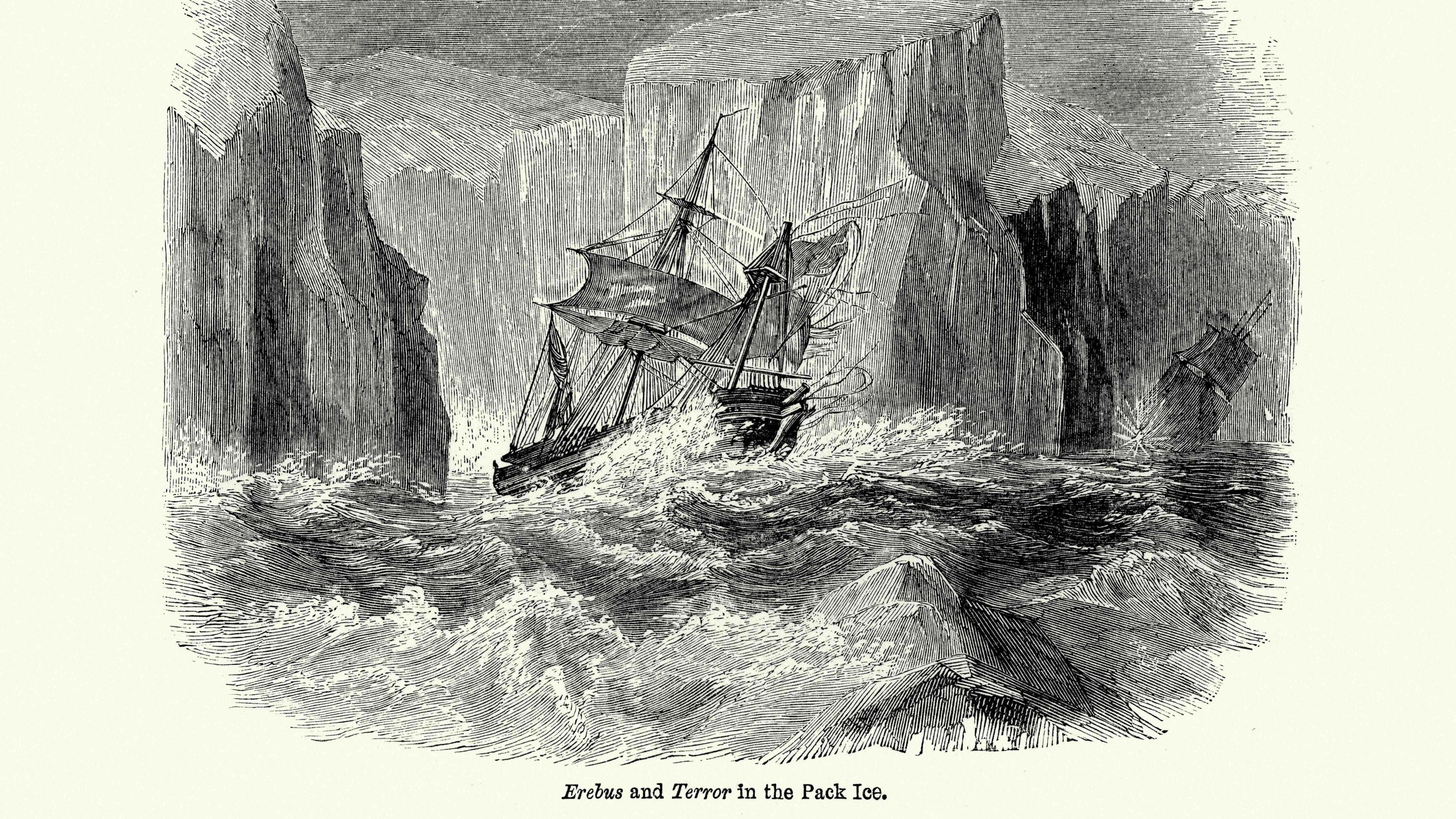Darlun du a gwyn o'r ddwy long ar for stormus gyda rhewlifoedd enfawr yn codi'n uchel y tu cefn iddynt