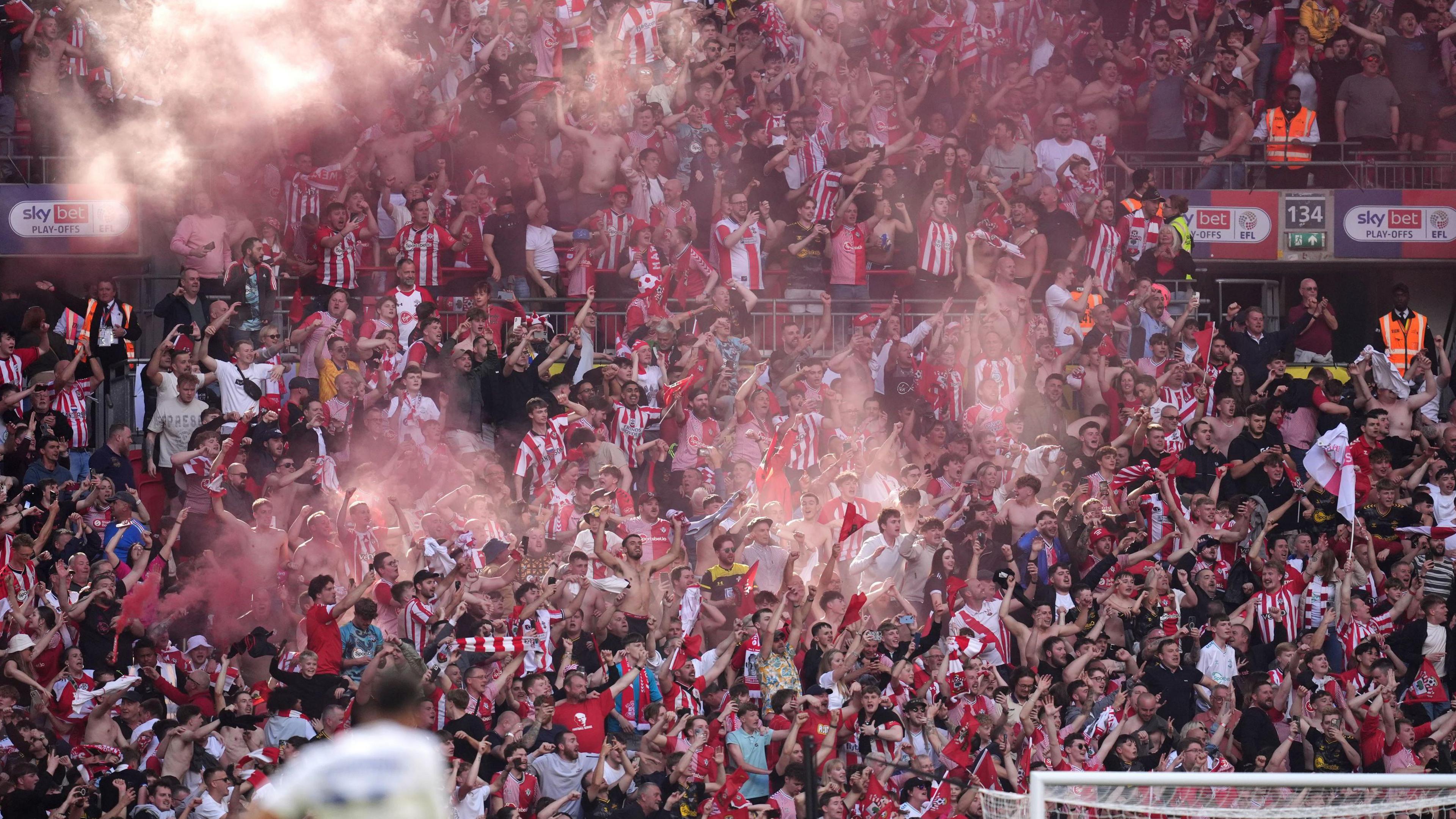 Southampton fans celebrate promotion at Wembley