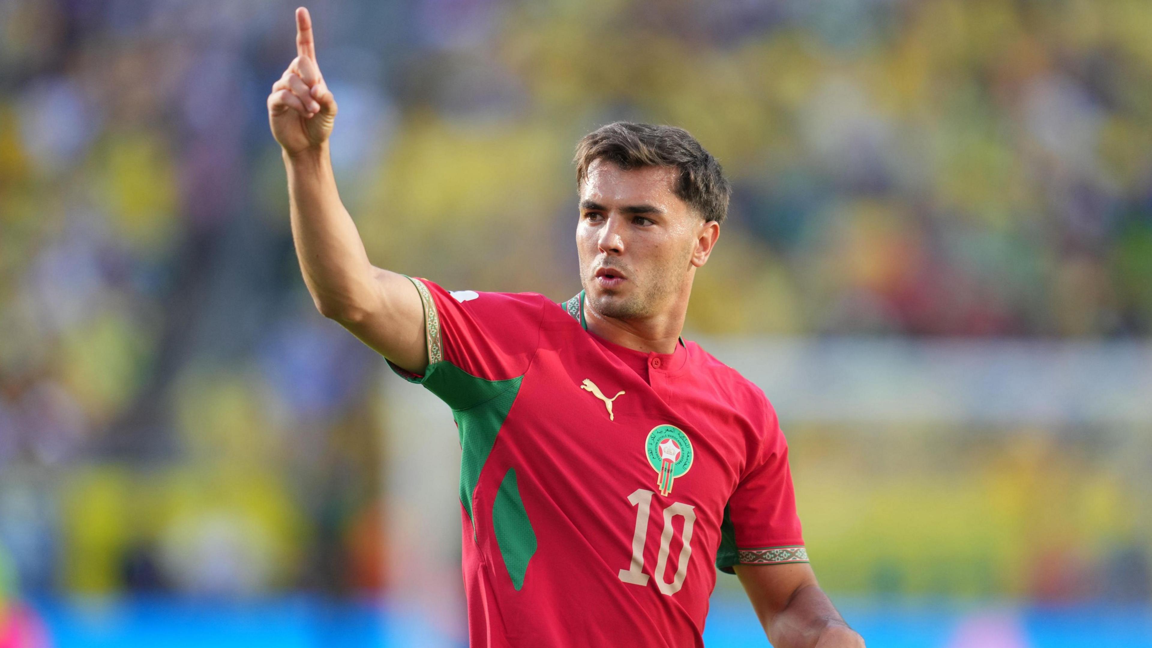 Brahim Diaz celebrates scoring for Morocco