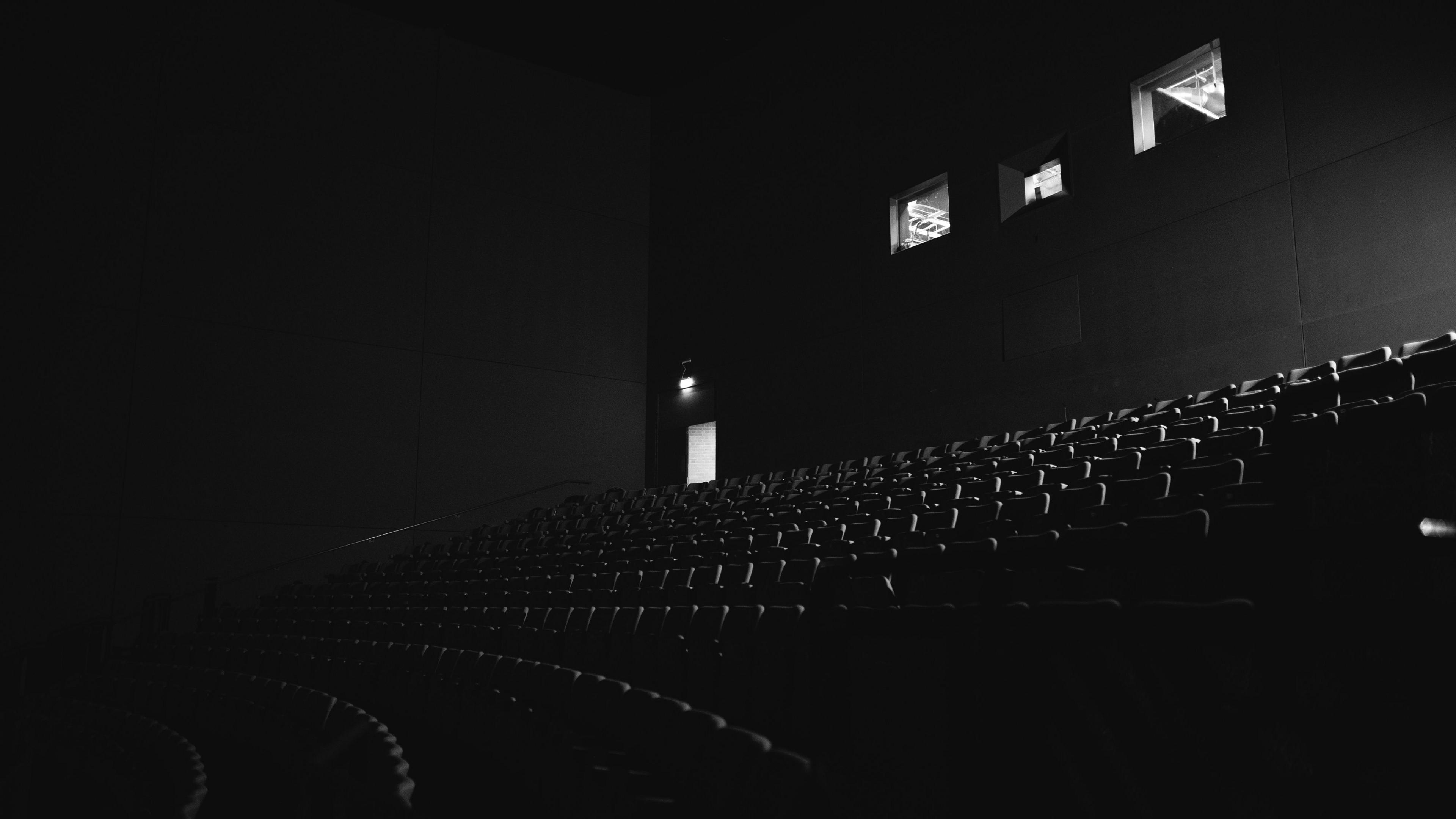 A very dark, black and white image of a cinema with empty seats