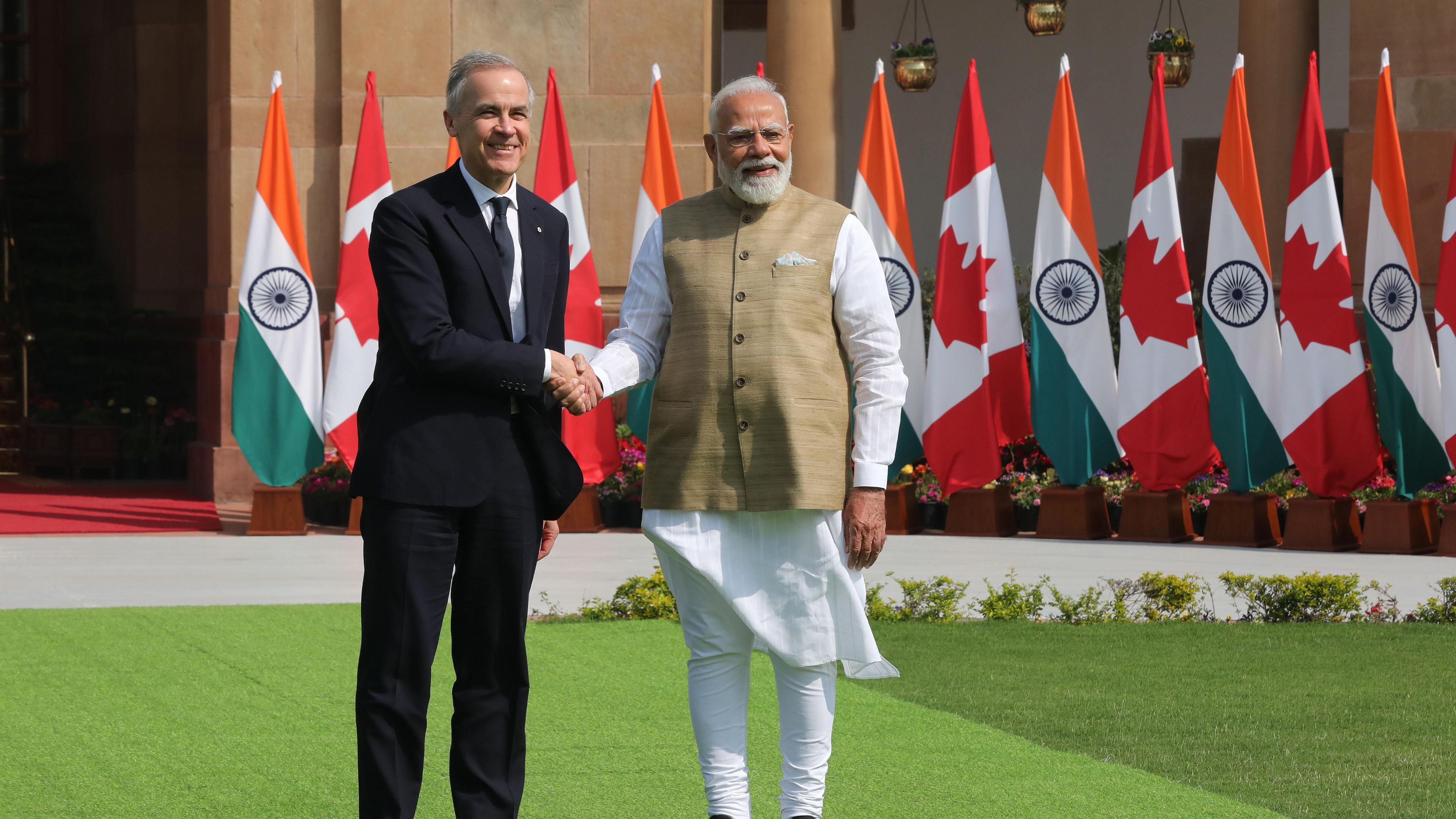 Indian Prime Minister Narendra Modi (R) shakes hands with Canadian Prime Minister Mark Carney (L) in New Delhi, India, 02 March 2026.