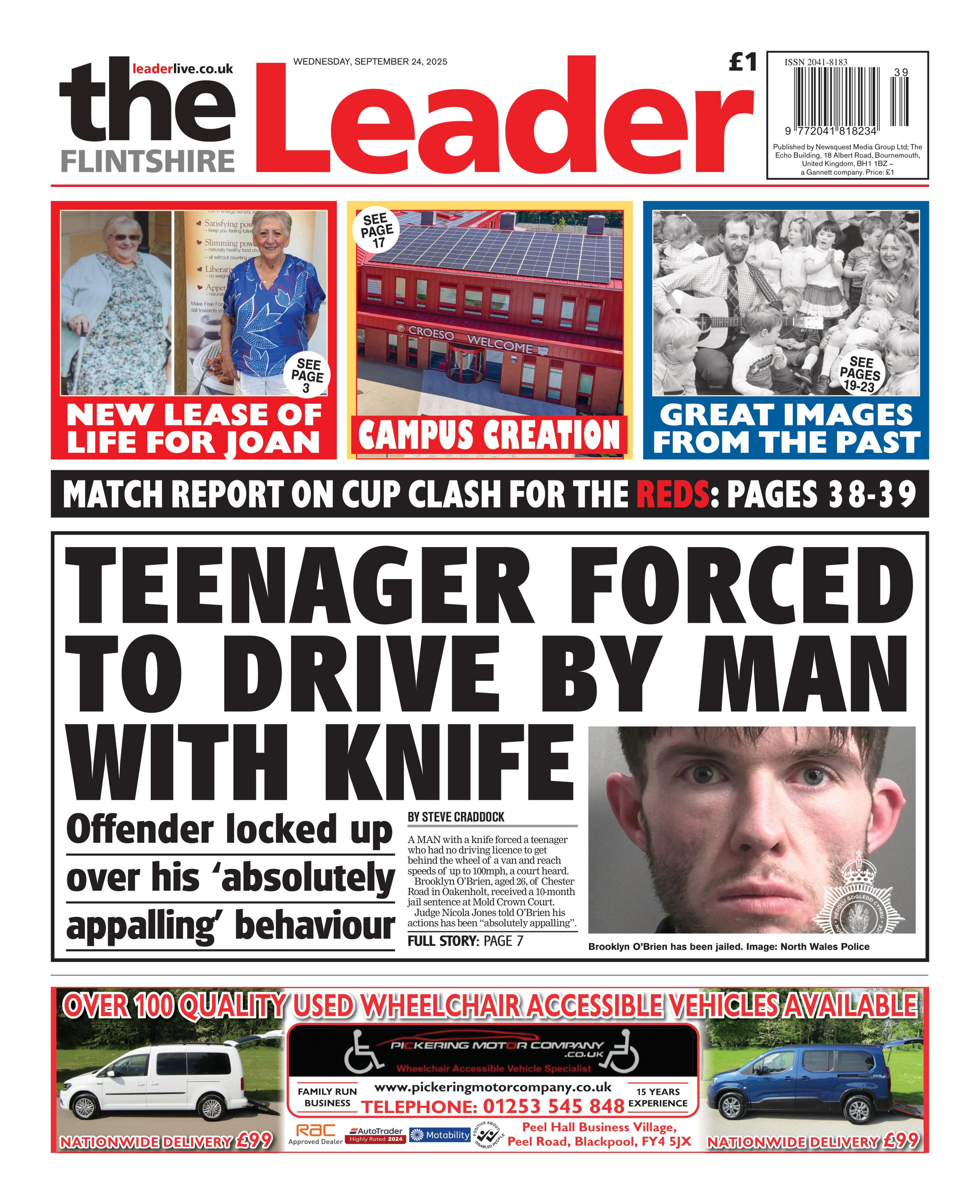 Flintshire Leader front page includes the main headline: Teenager forced to drive by man with knife. Also includes photo of 26-year-old defendant who was jailed for 10 months