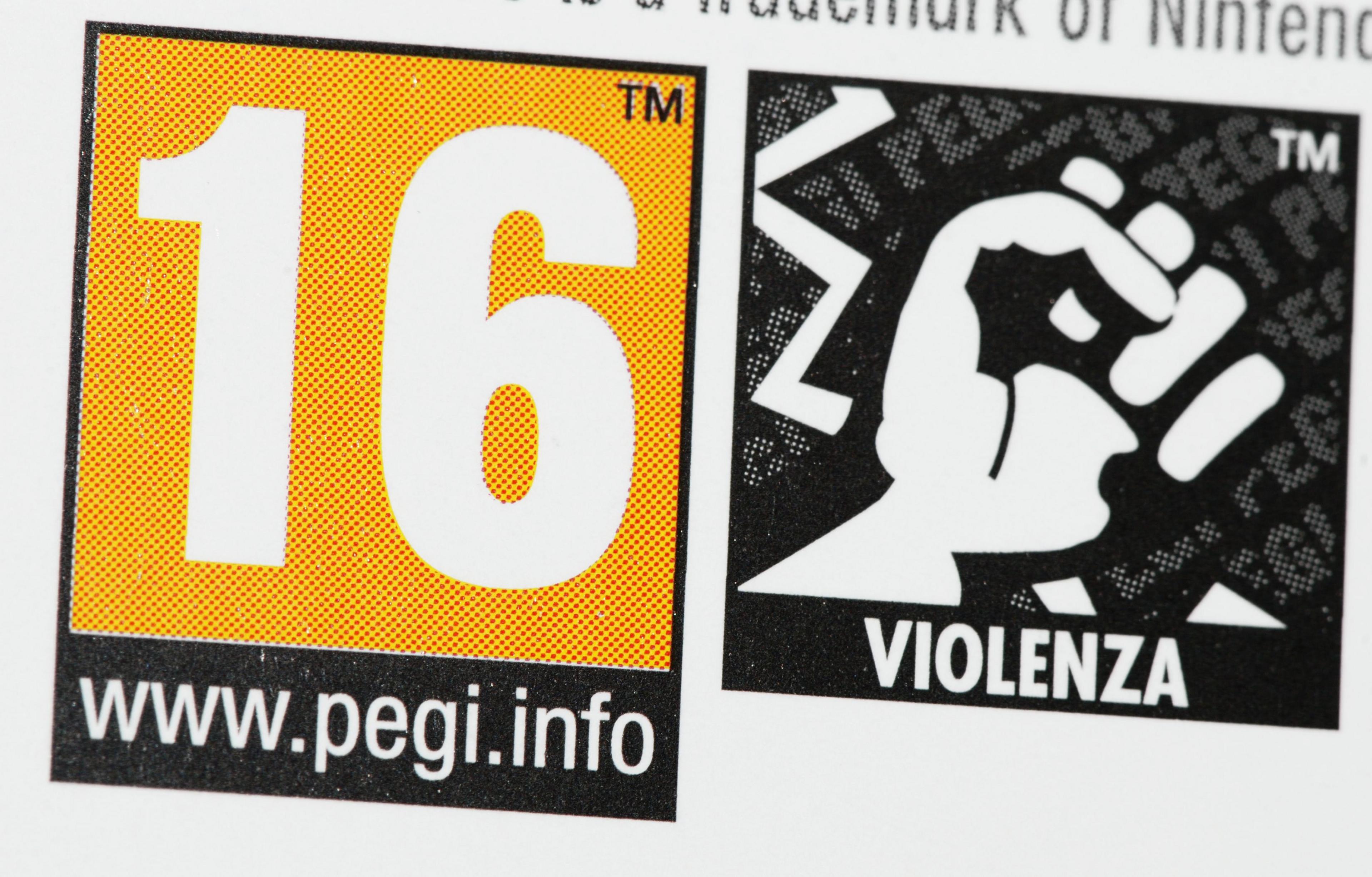 A PEGI age rating of 16 followed by a symbol of a fist used to indicate violence on the cover of video games.