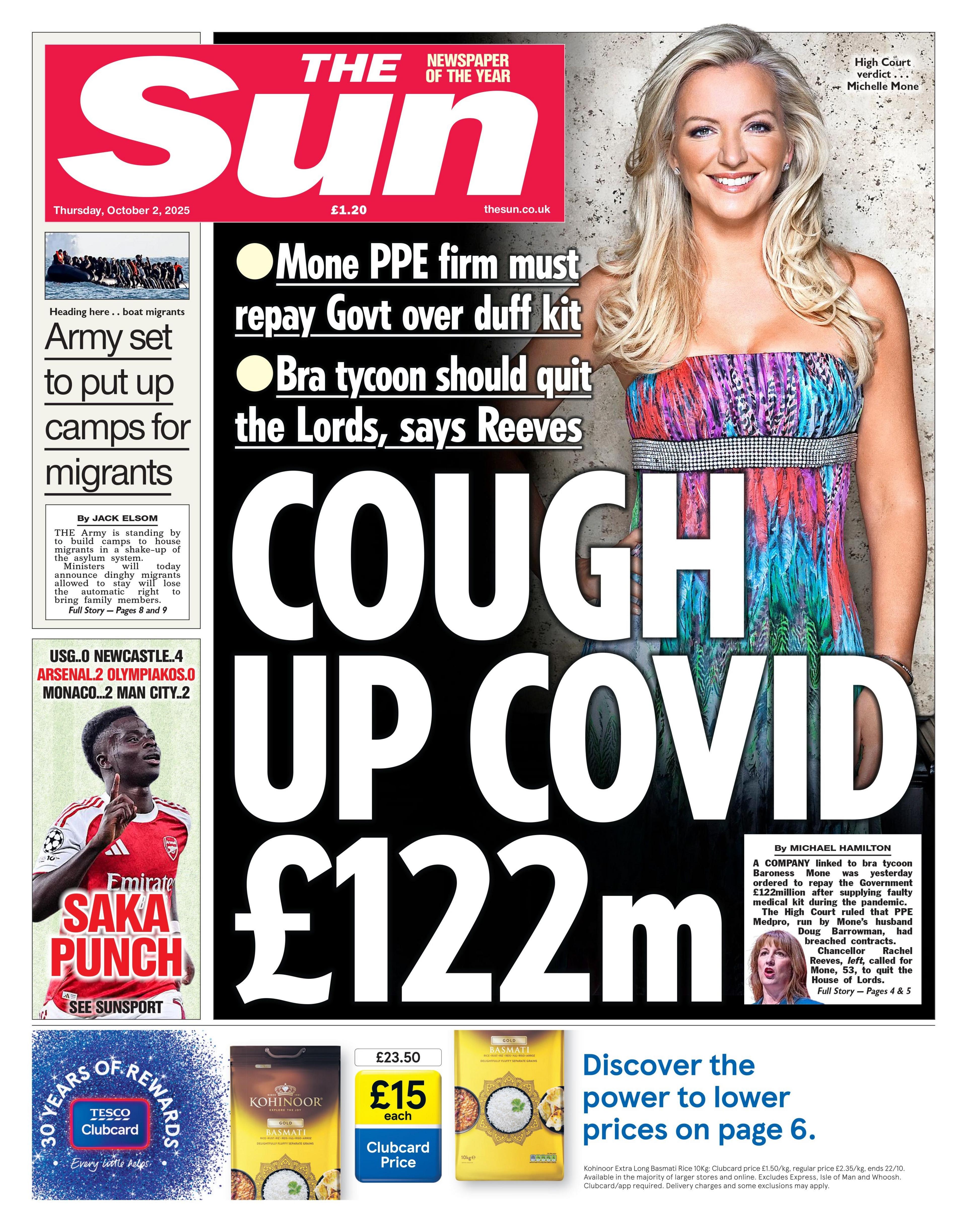 The headline on the front page of the Sun reads: "Cough up COVID £122m".