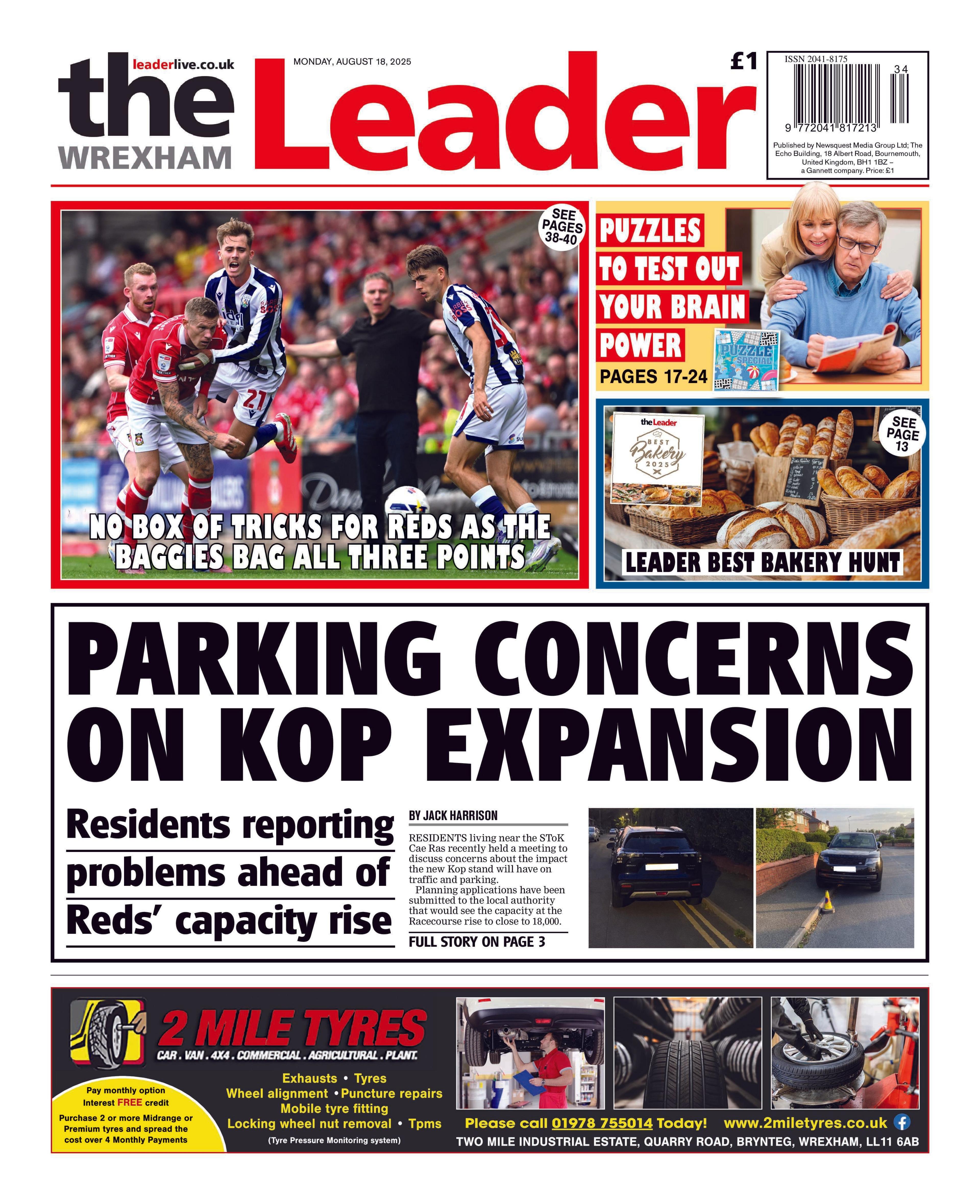 Wrexham Leader with a headline reading "Parking concerns on Kop expansion". Above that is a picture of Wrexham players against West Brom. 