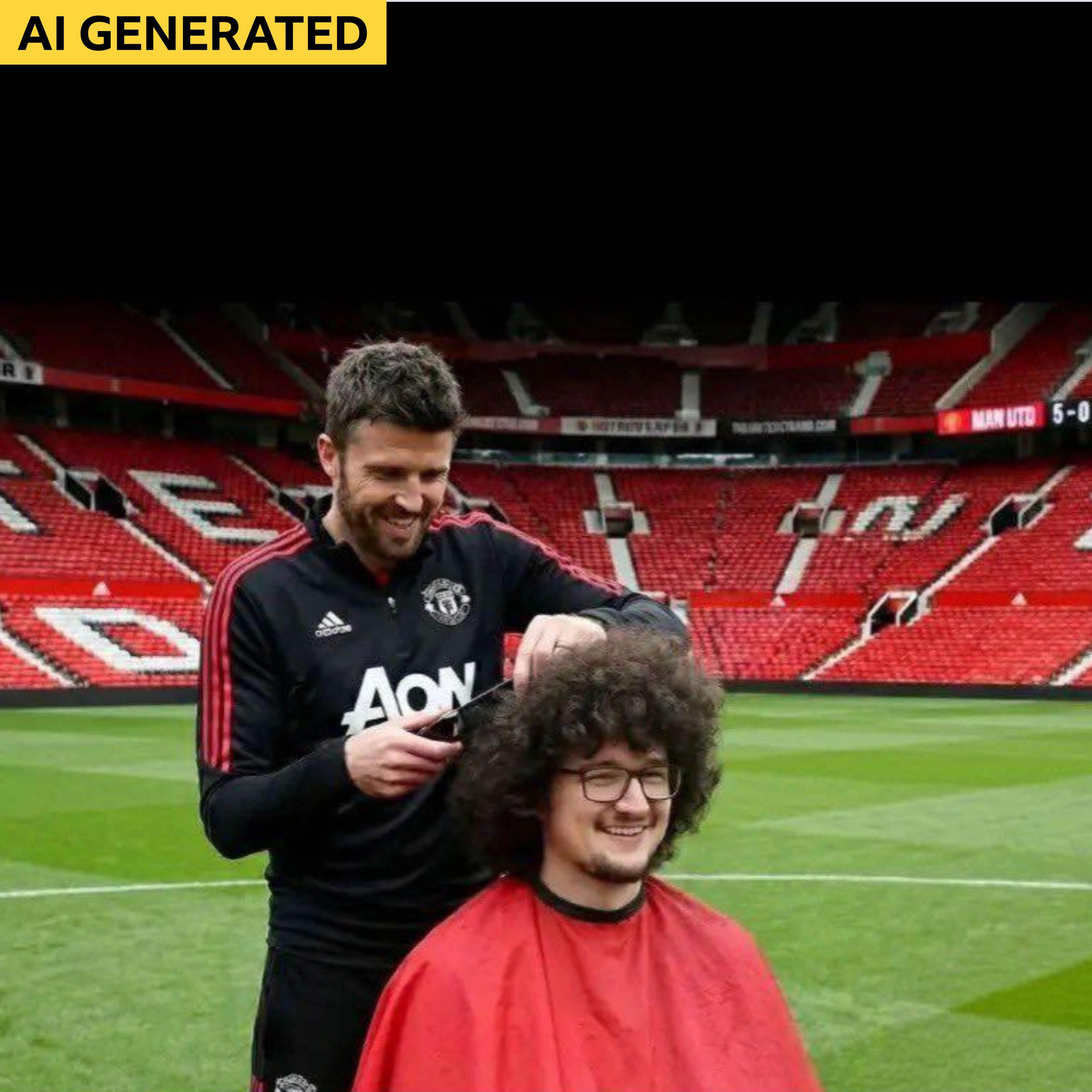 An AI-generated image of Michael Carrick cutting Frank Ilett's hair