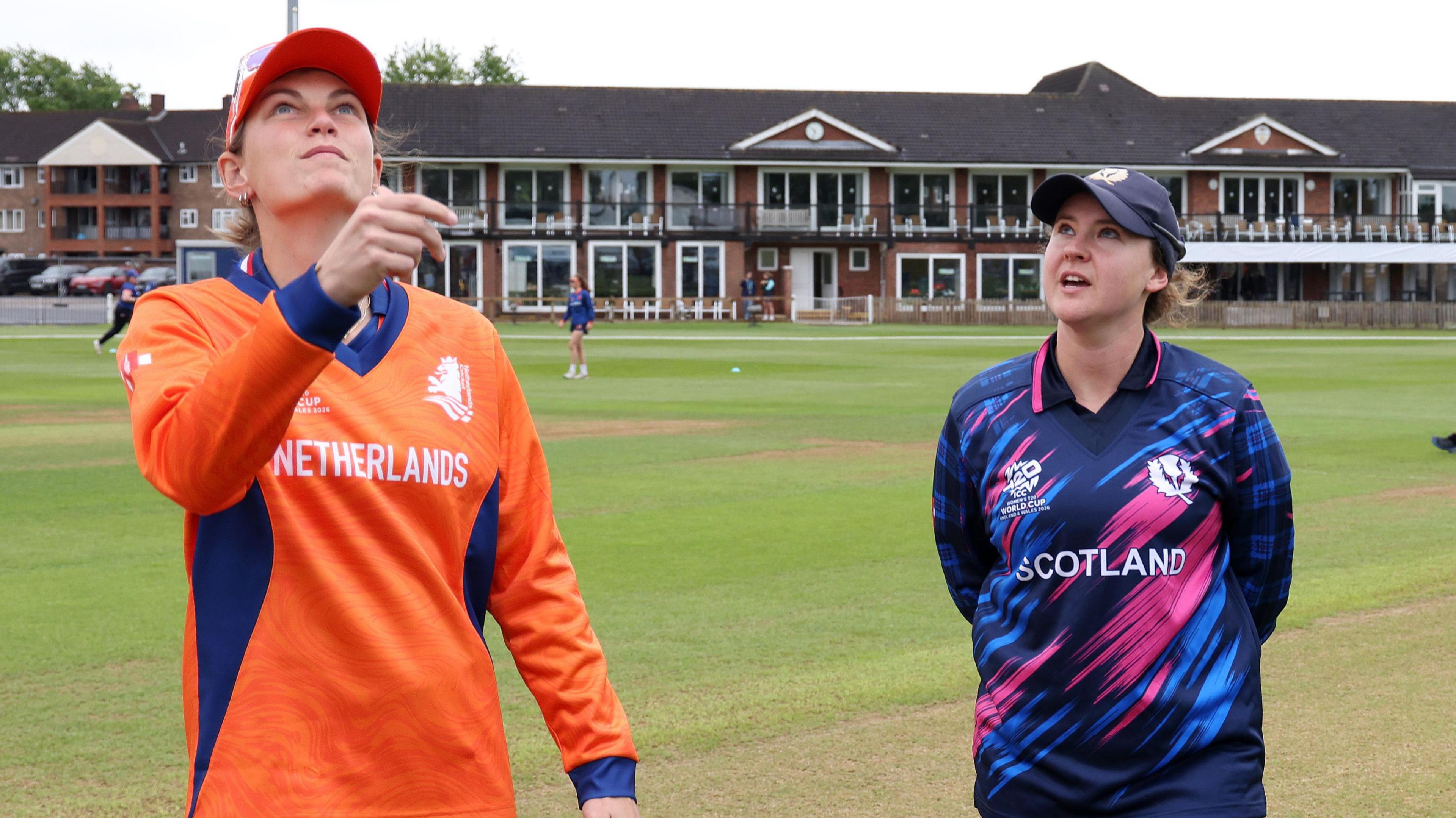 Netherlands captain Babette de Leede and Scotland skipper Kathryn Bryce toss up before a T20 World Cup warm-up game earlier in 2026