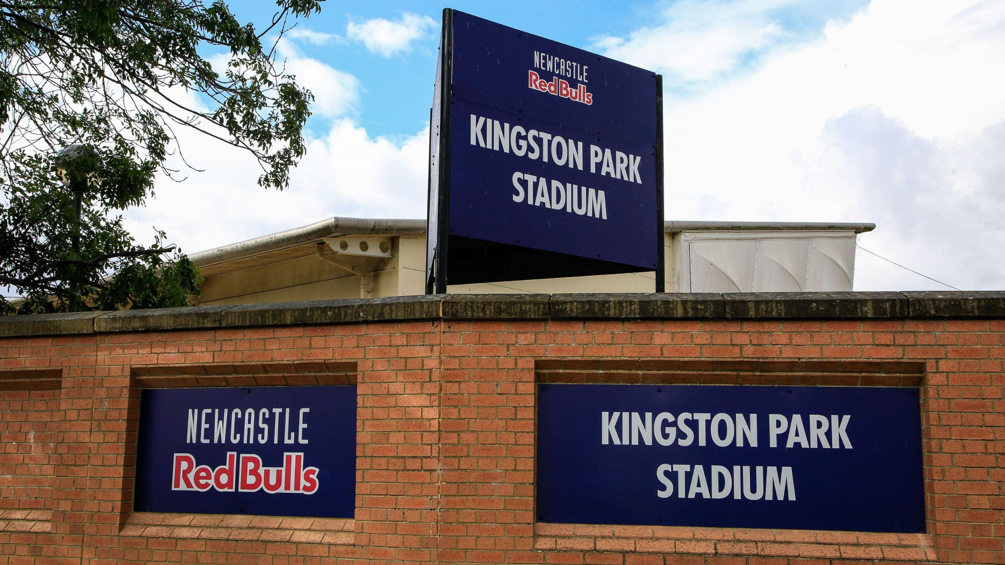 A general view outside Kingston Park Stadium of the new Newcastle Red Bulls sign and logo on the wall