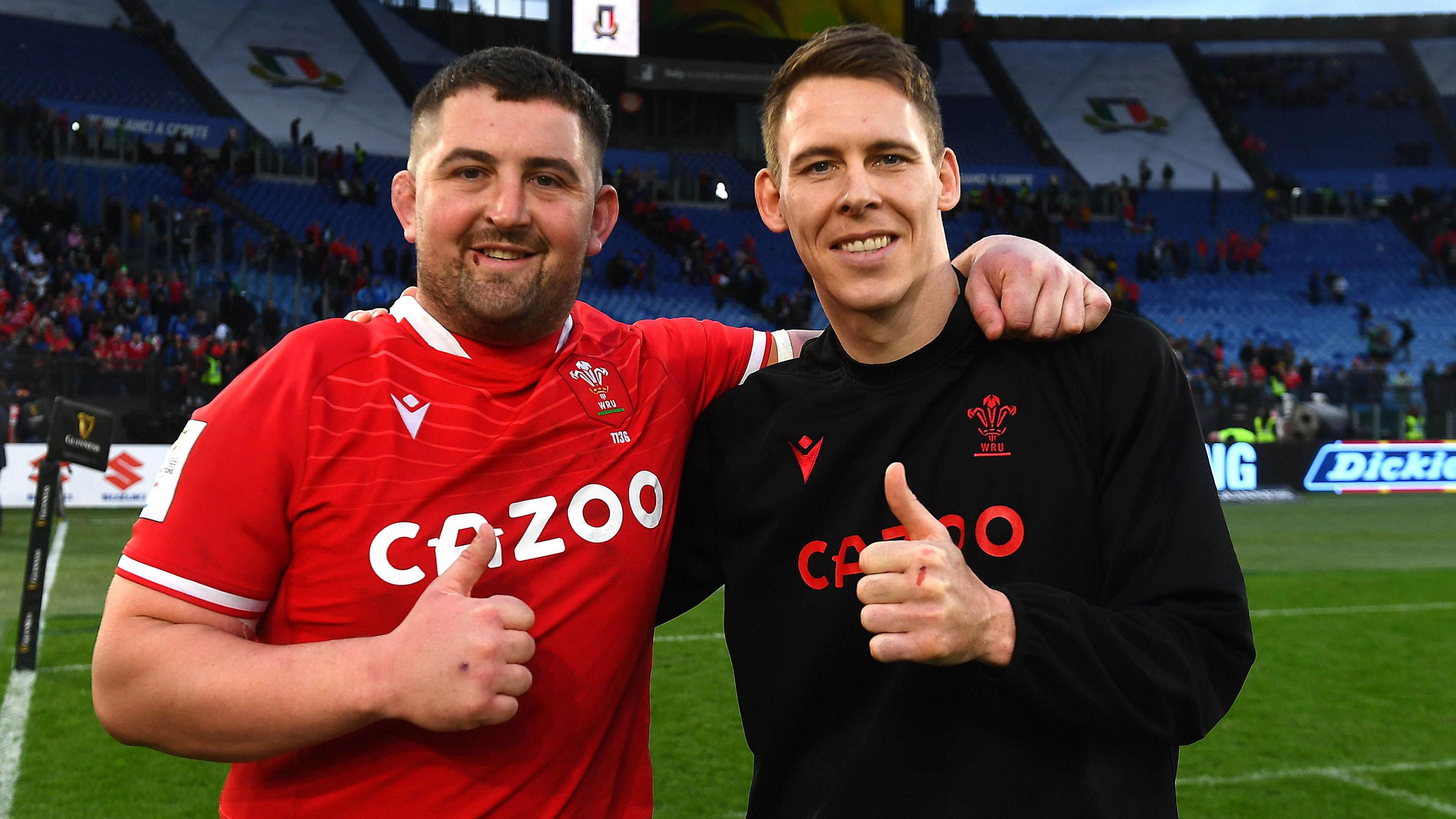 Wyn Jones and Liam Williams celebrate Wales' Six Nations victory against Italy in March 2023