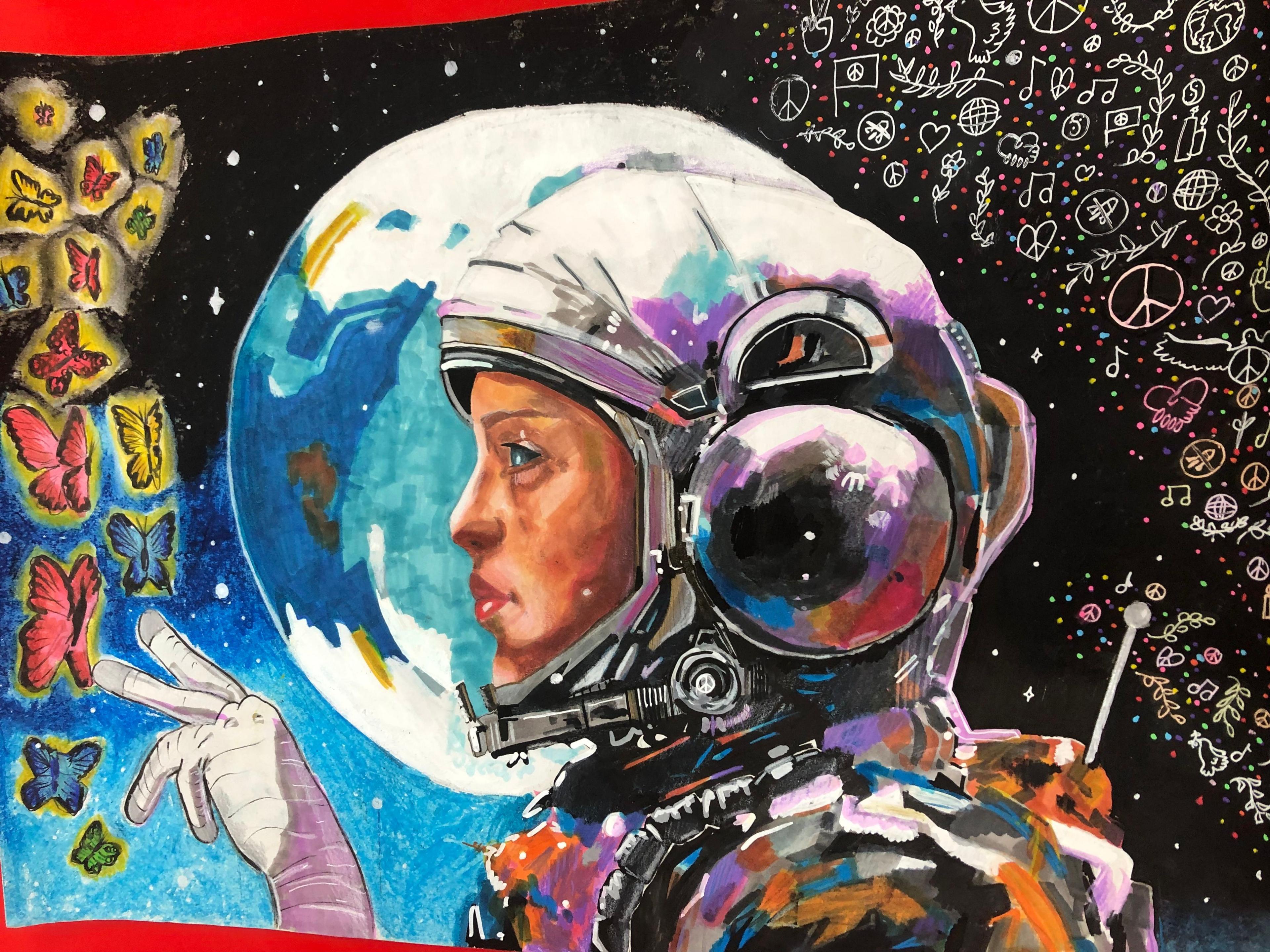 Reuben's mixed media entry into the Lions International Peace Poster Competition shows a space traveller reaching for delicate and beautiful peace. The colourful image has been created using oil paint and marker pens. The left side of the image shows colourful butterflies and the glove of an astronaut trying to touch them.