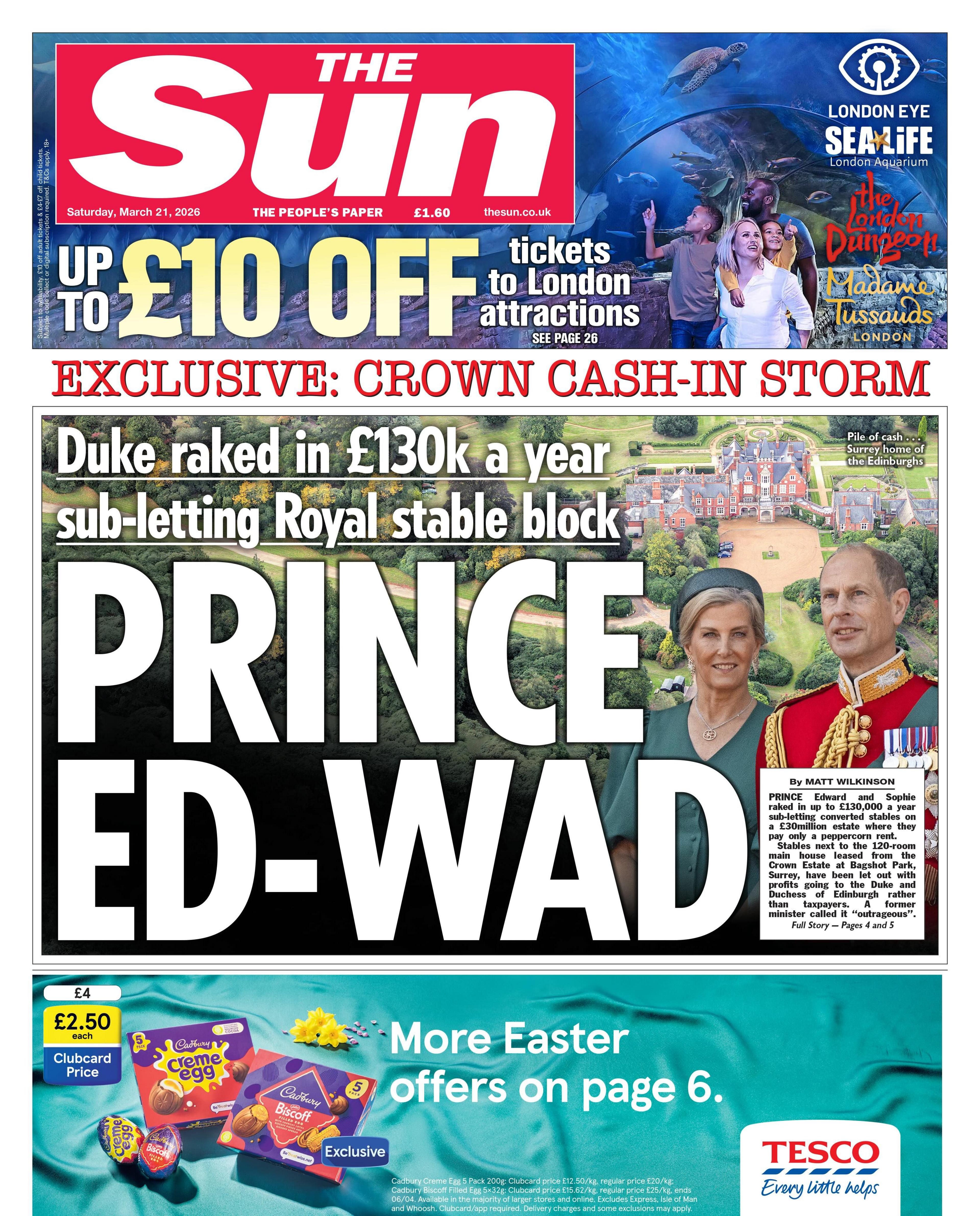 “Princi Ed-Ward: Duke fitoi 130 mijë paund në vit duke dhënë me nënqira bllokun e stallës Mbretërore”, shkruhet në titullin kryesor të gazetës “The Sun”.