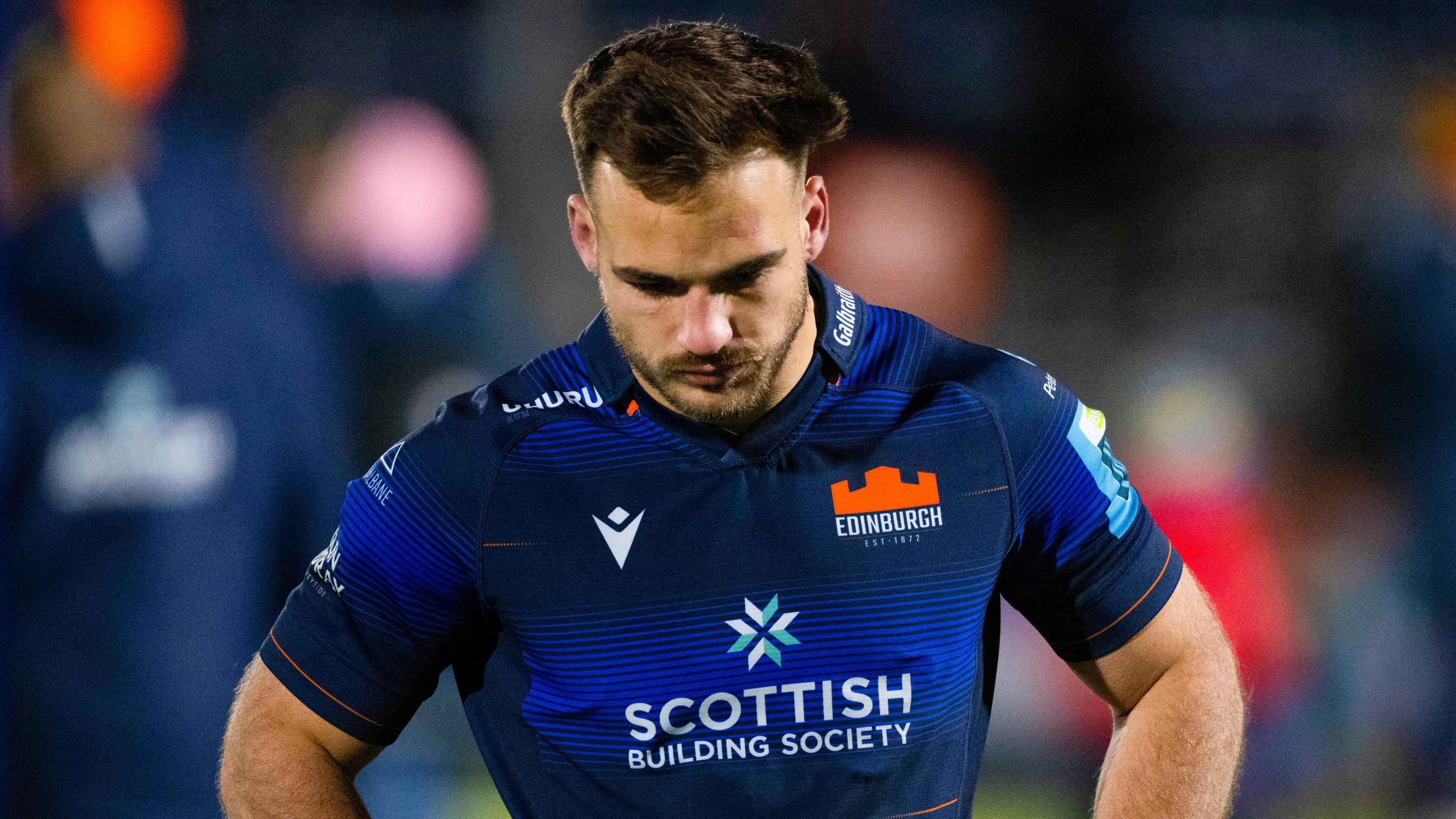 Edinburgh's Wes Goosen looks dejected at full time during a United Rugby Championship match between Edinburgh Rugby and Benetton