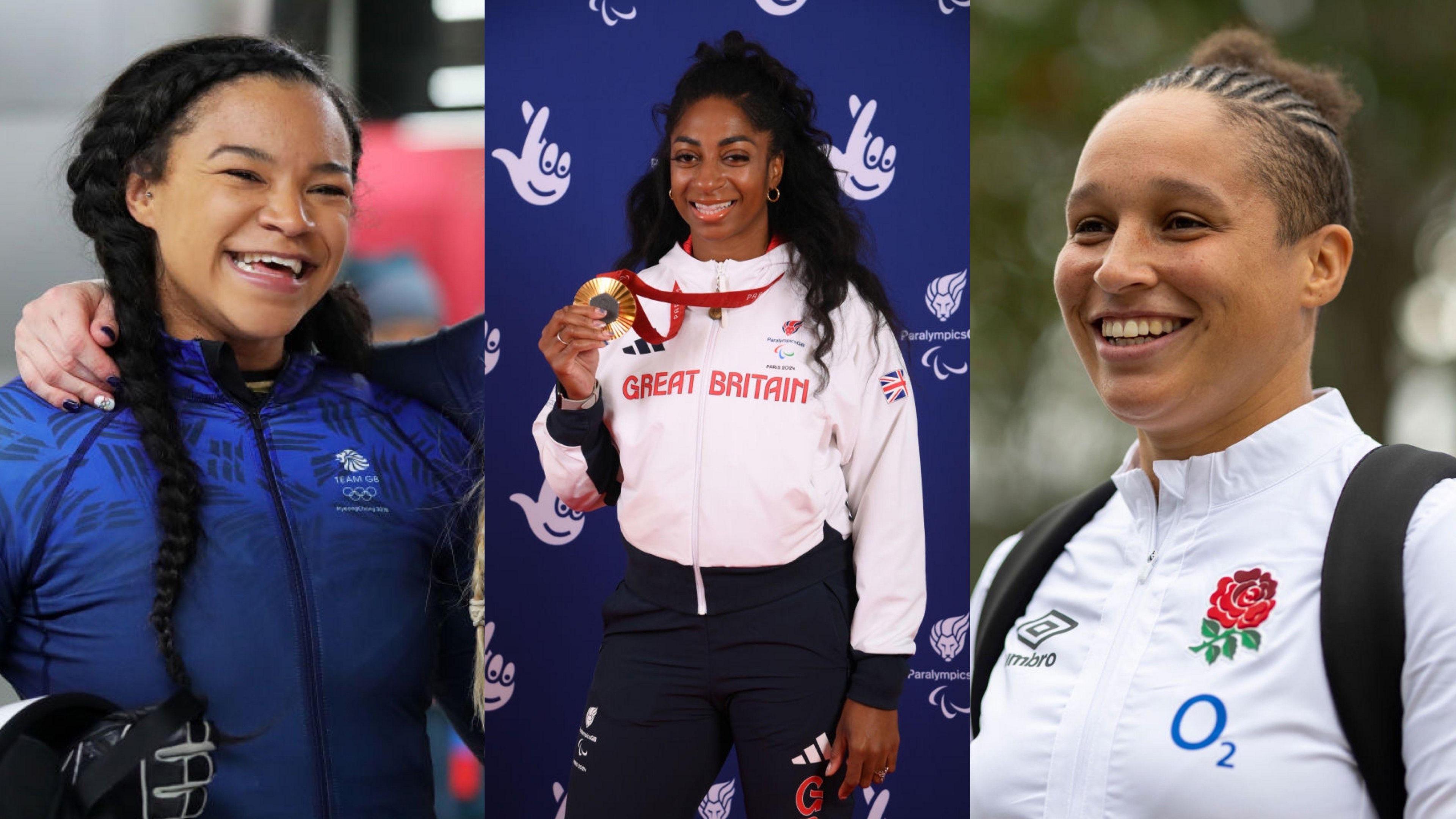 A collage with three photos shows Mica Moore in bobsleigh kit, Kadeena Cox holding up a medal and Shaunagh Brown in an England jacket.