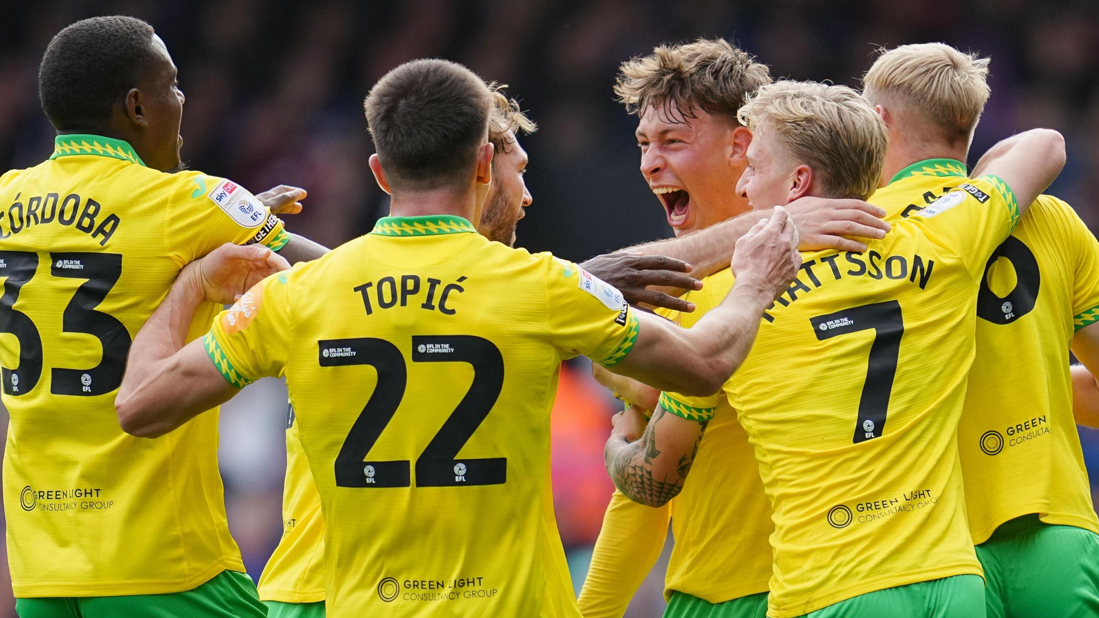 Norwich celebrate Oscar Schwartau's goal against Ipswich Town