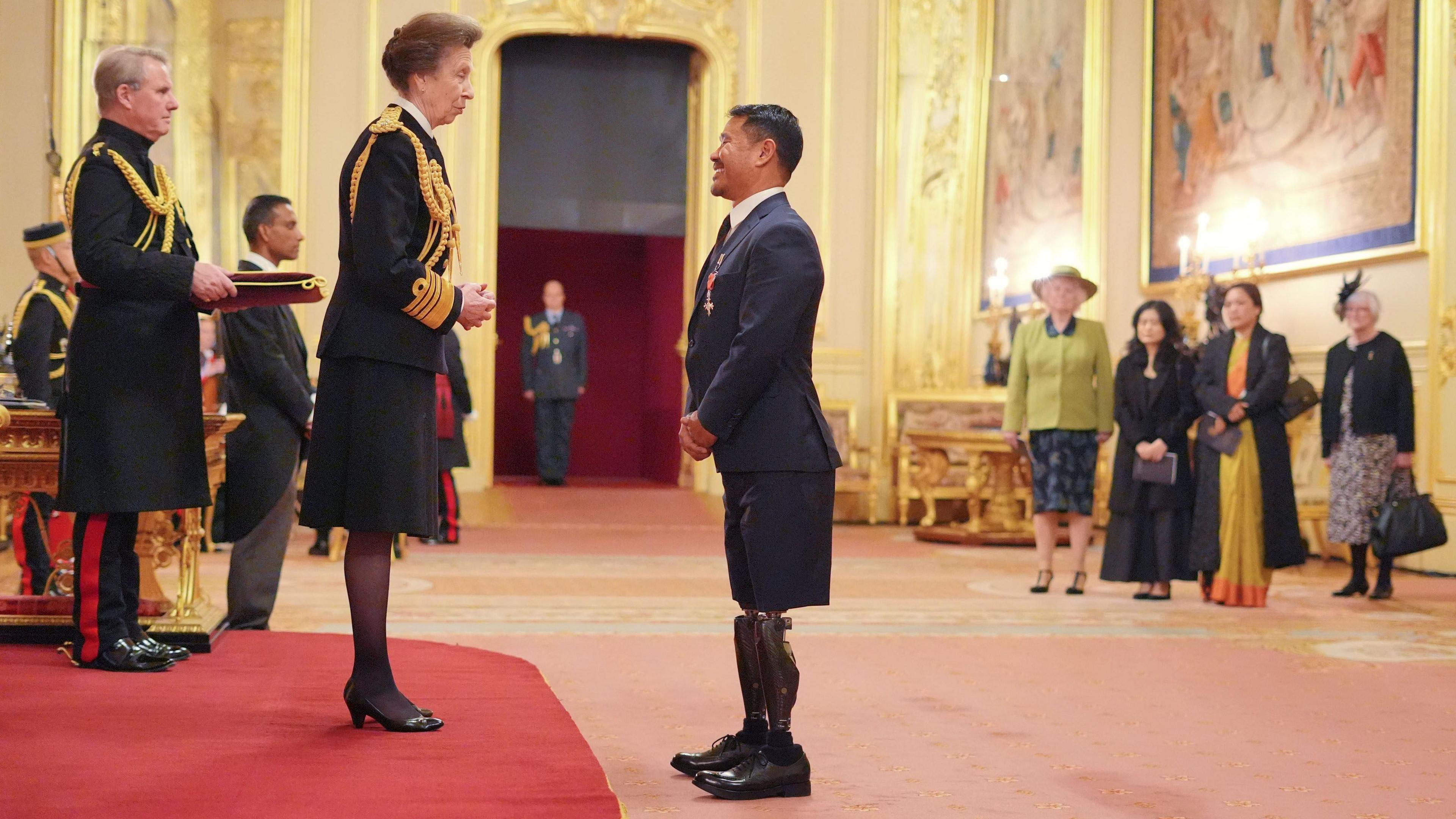 Mr. Hari Budha Magar, from Canterbury, Adventurer, Campaigner and Charitable Fundraiser, is made a Member of the Order of the British Empire by the Princess Royal at Windsor Castle. The honour recognises services to disability awareness.