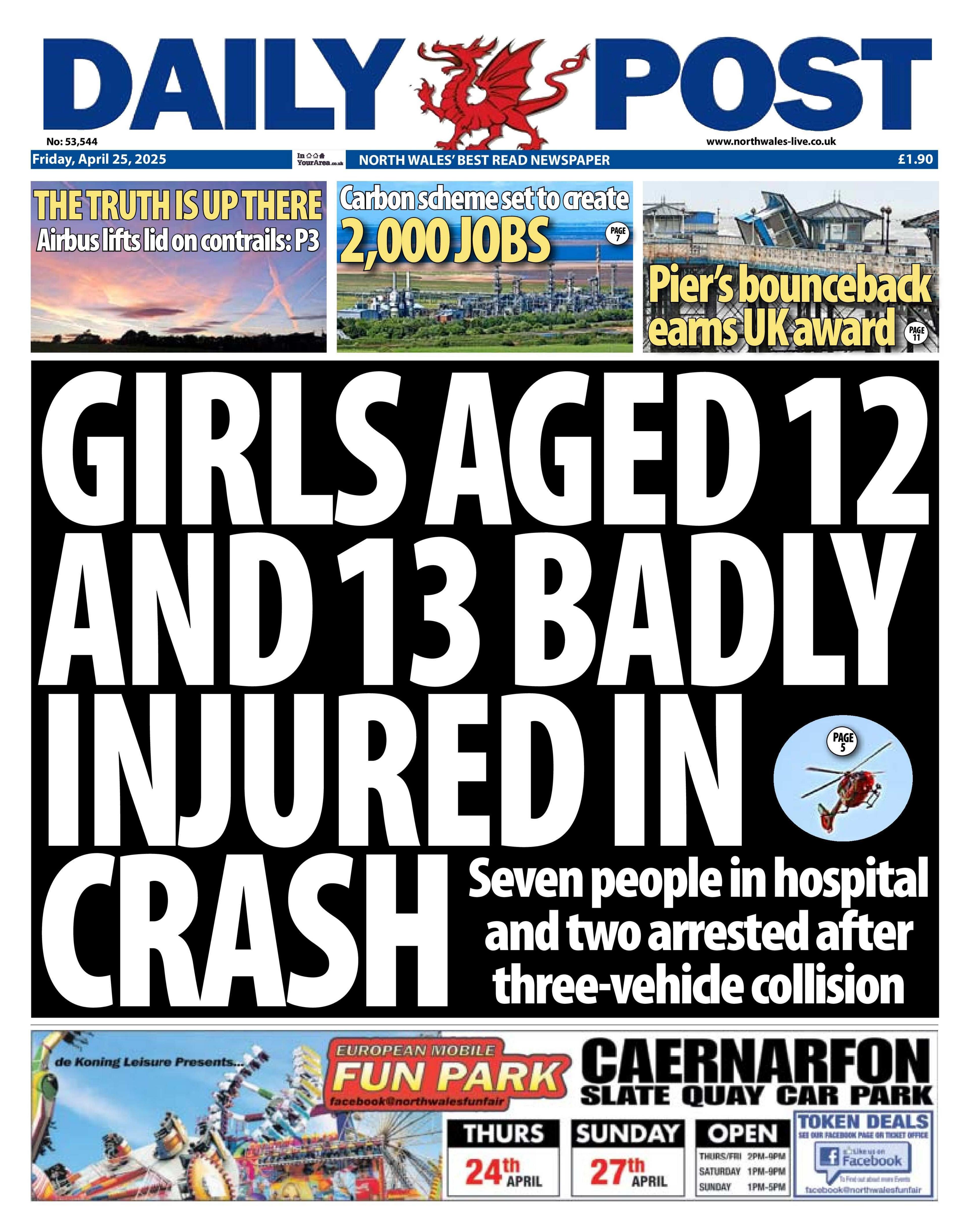 Front page of the Daily Post. The main headline reads 'Girls aged 12 and 13 badly injured in crash' with a picture of a HM Coastguard red helicopter. Other headlines read: 'The truth is up there airbus lifts lid on contrails', 'Carbon scheme set to create 2000 jobs', 'Pier's bounceback earns UK award'. 
