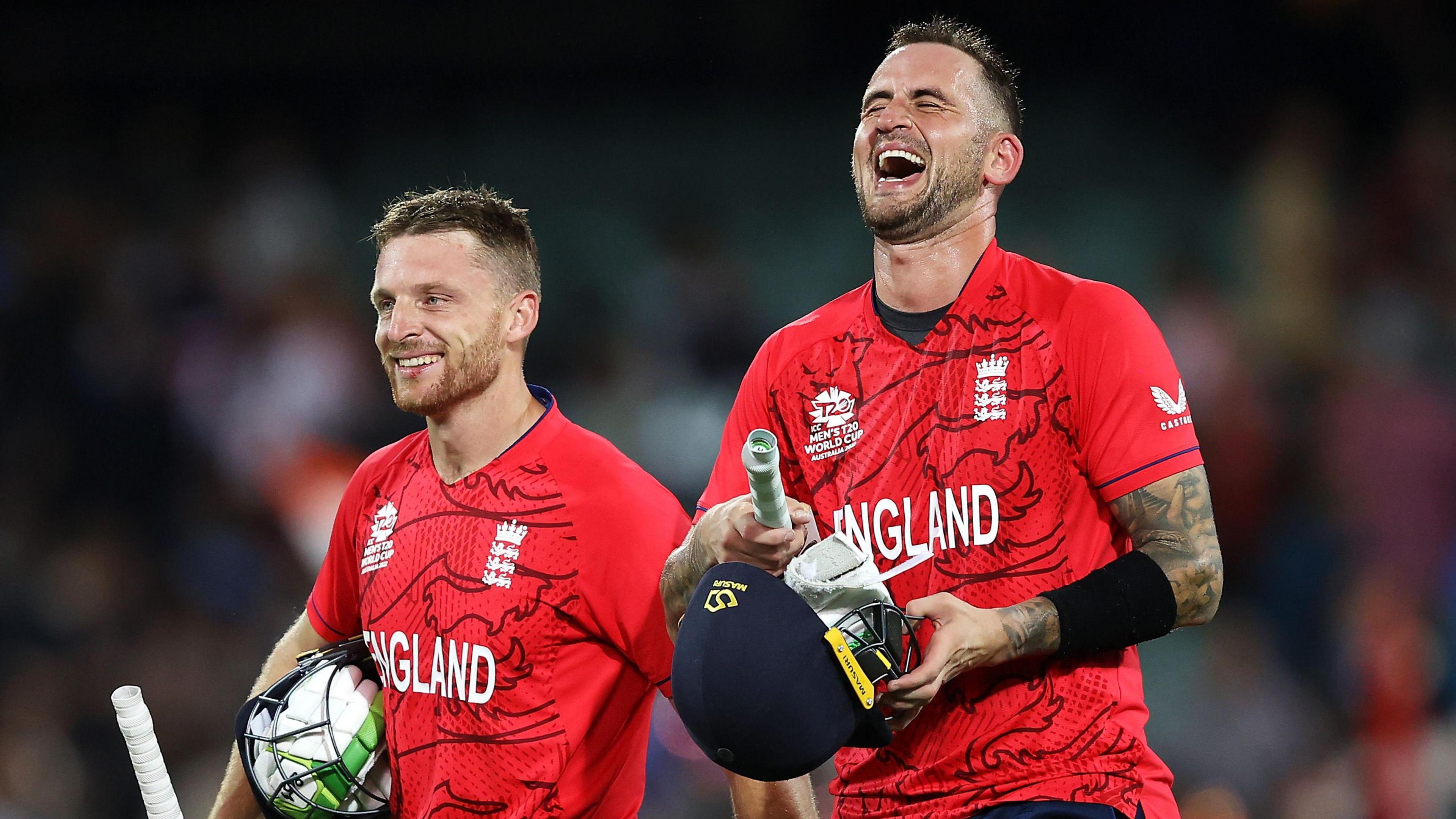 Alex Hales and Jos Buttler leave the field after securing 10-wicket win