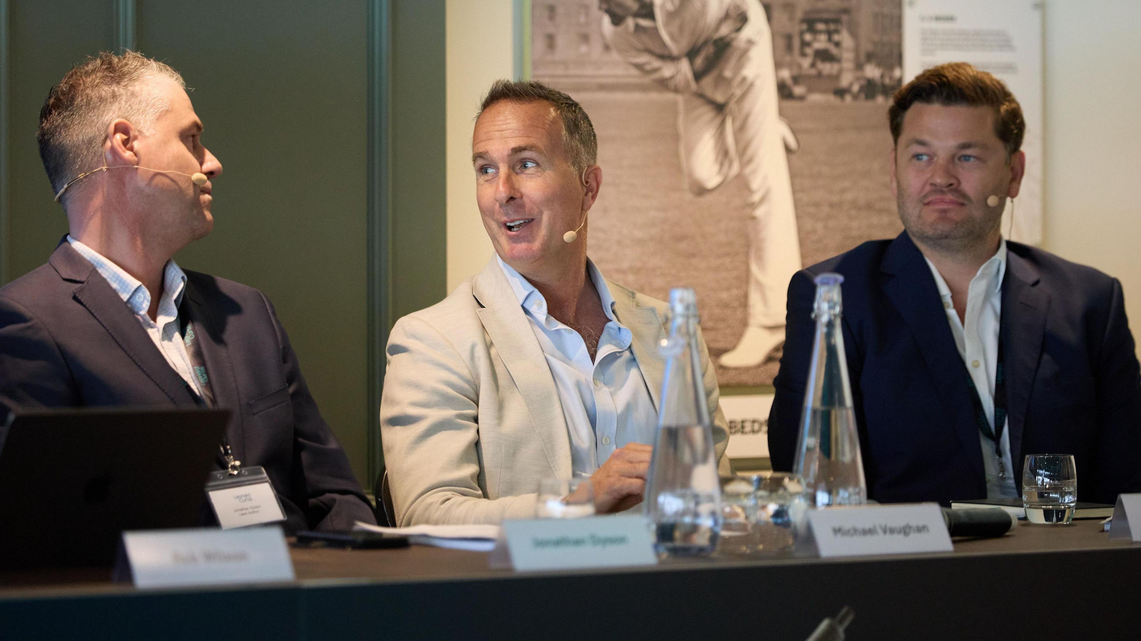 Former England captain Michael Vaughan along with report authors Jonathan Dyson and Professor Rob Wilson