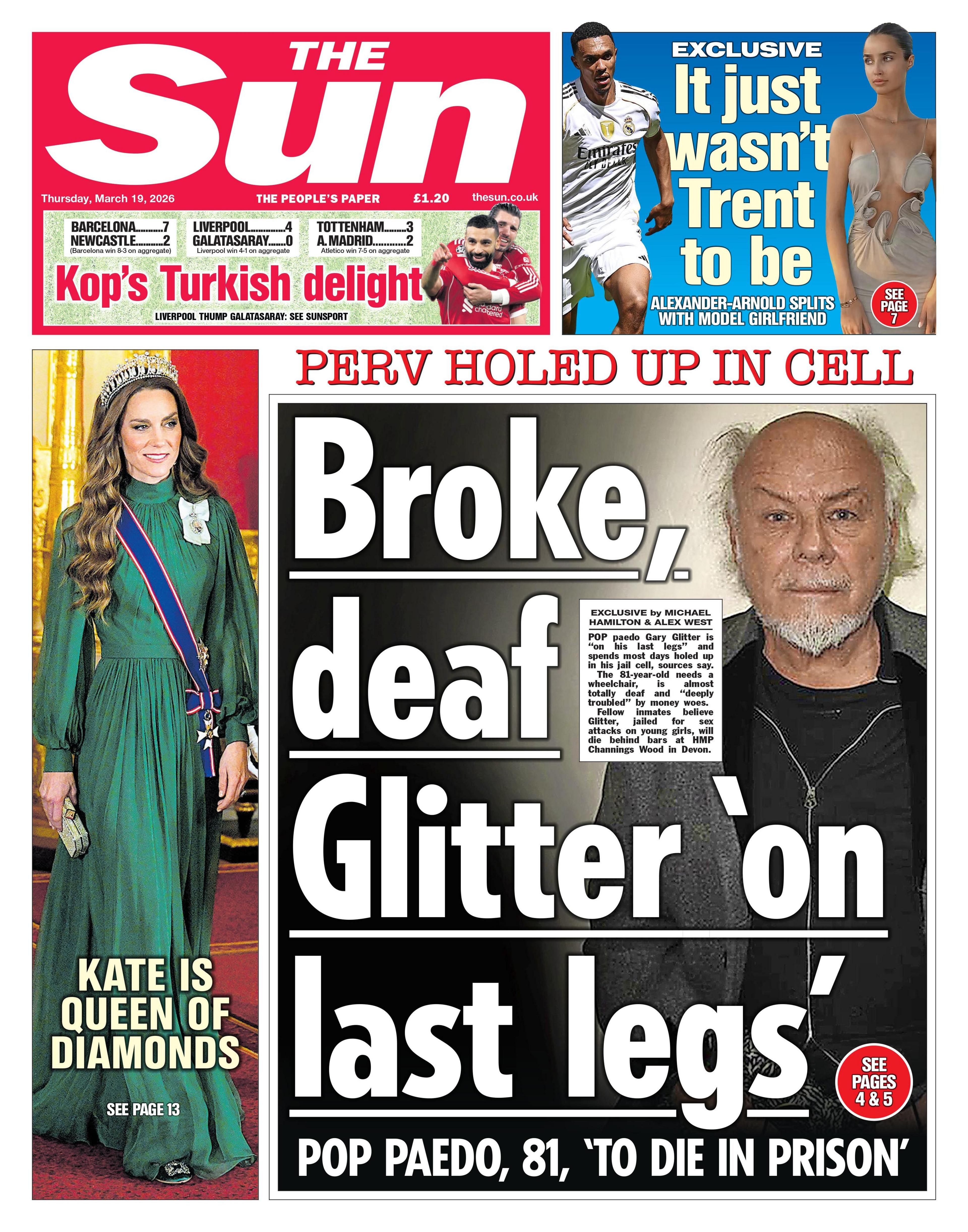 Titulli në faqen e parë të gazetës The Sun thotë: "Shkëlqim i thyer dhe i shurdhër 'në këmbë të fundit'."