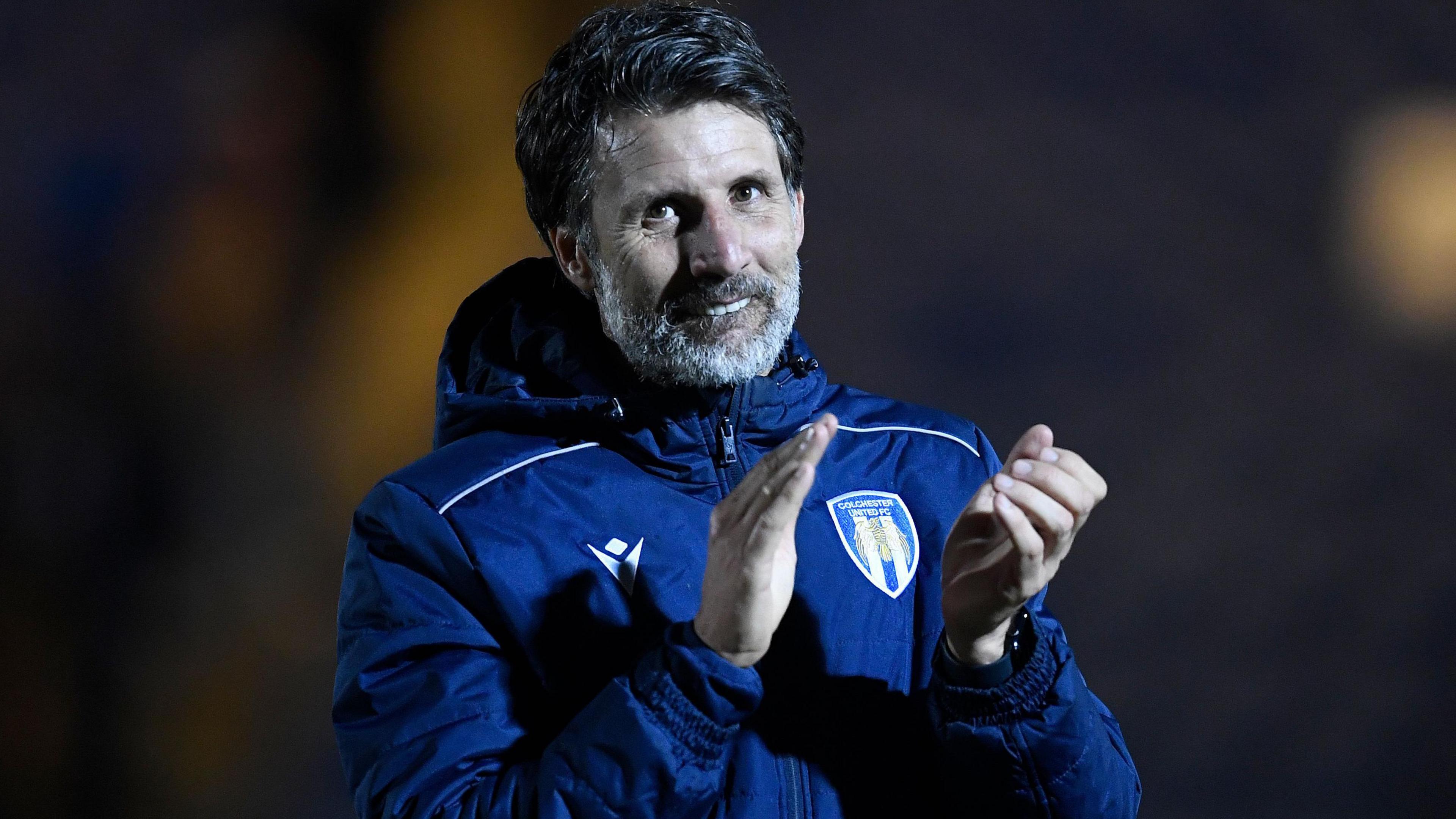 Danny Cowley applauds supporters after their win over Port Vale