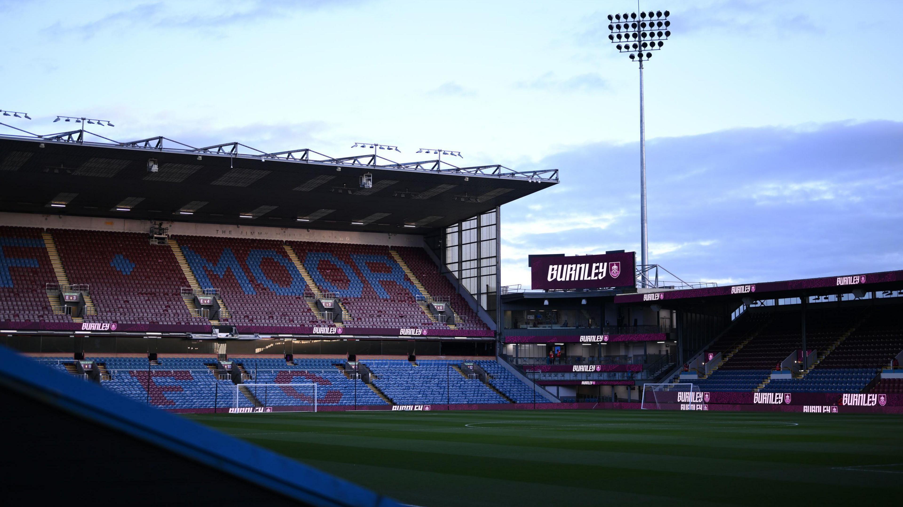 Inside Burnley FC stadium Turf Moor without spectators prior to a match 