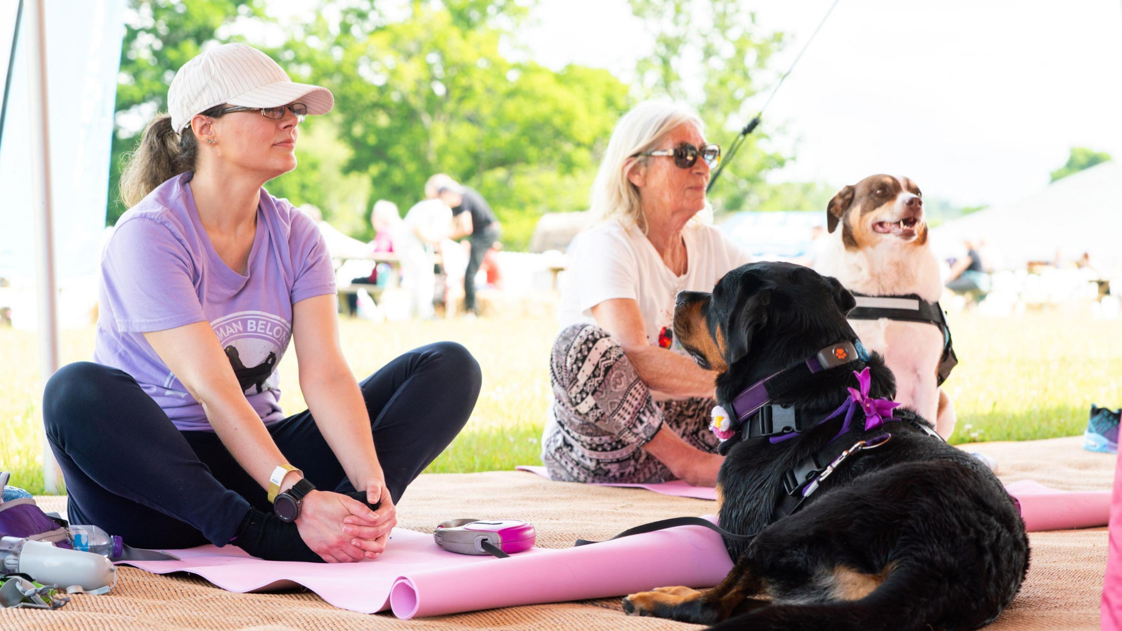 two women sat in yoga positions while two dogs sit beside them.