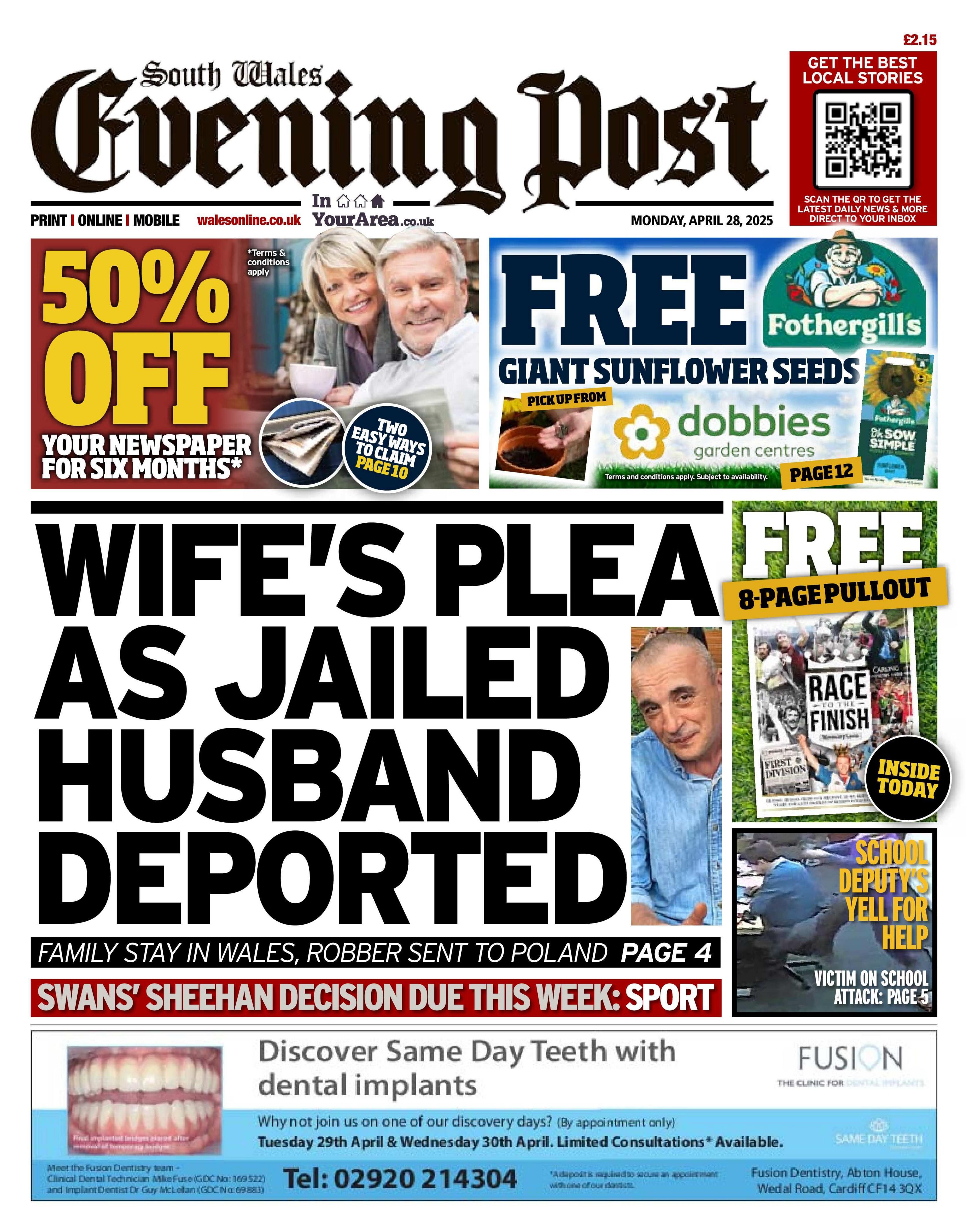 South Wales Evening Post newspaper front page shows main headline next to a photo of a man: Wife's plea as jailed husband deported; family stay in wales, robber sent to Poland. Other headlines are: school deputy's yell for help alongside advertisements 