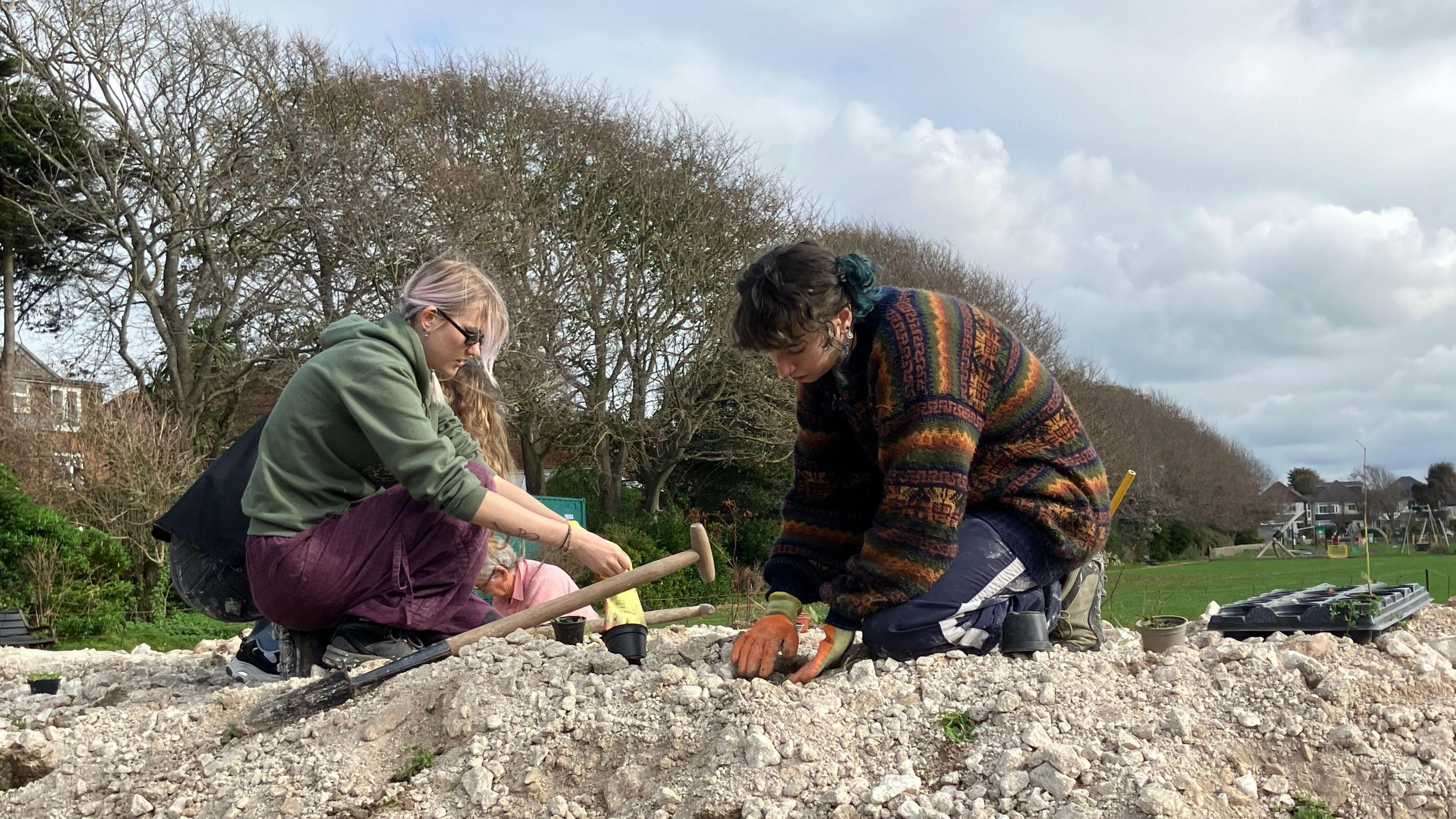 Two women planting a wildflower bank at a park. They have shovels and other gardening equipment with them.