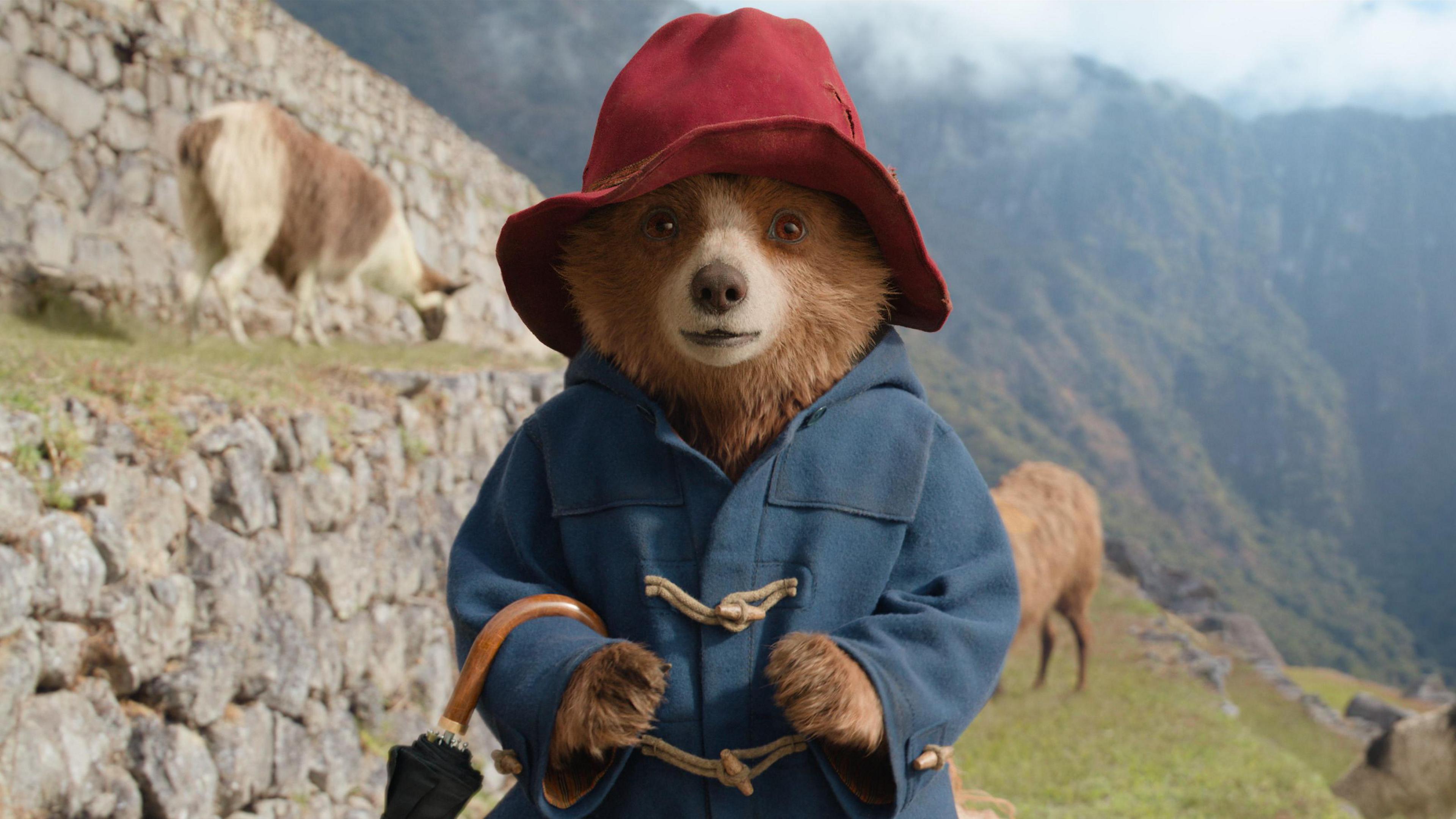 A still of Paddington Bear from the film Paddington in Peru. He is stood amongst ruins on a mountain side. There are two llamas in the background