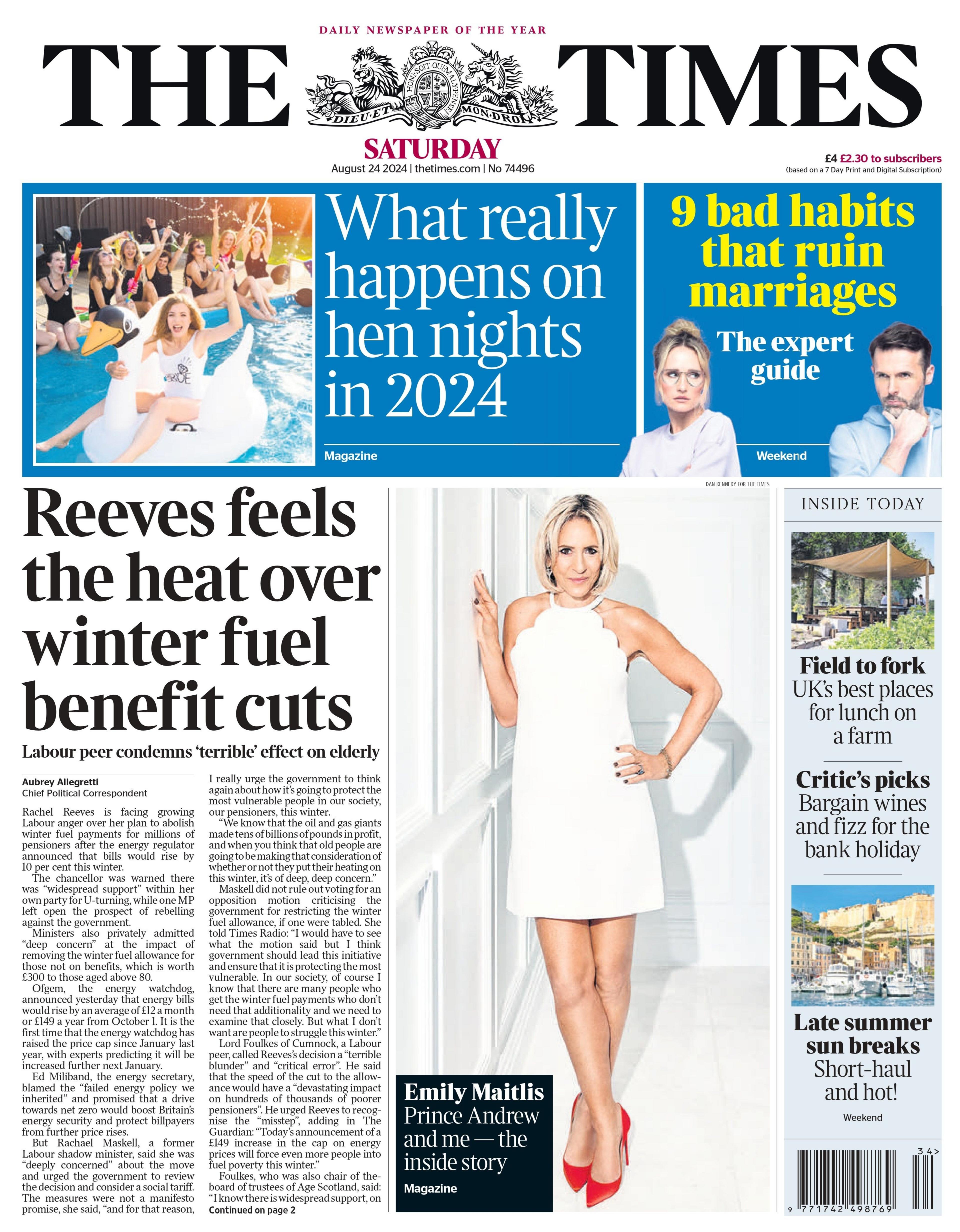 The Times: Reeves feels the heat over winter fuel benefit cuts