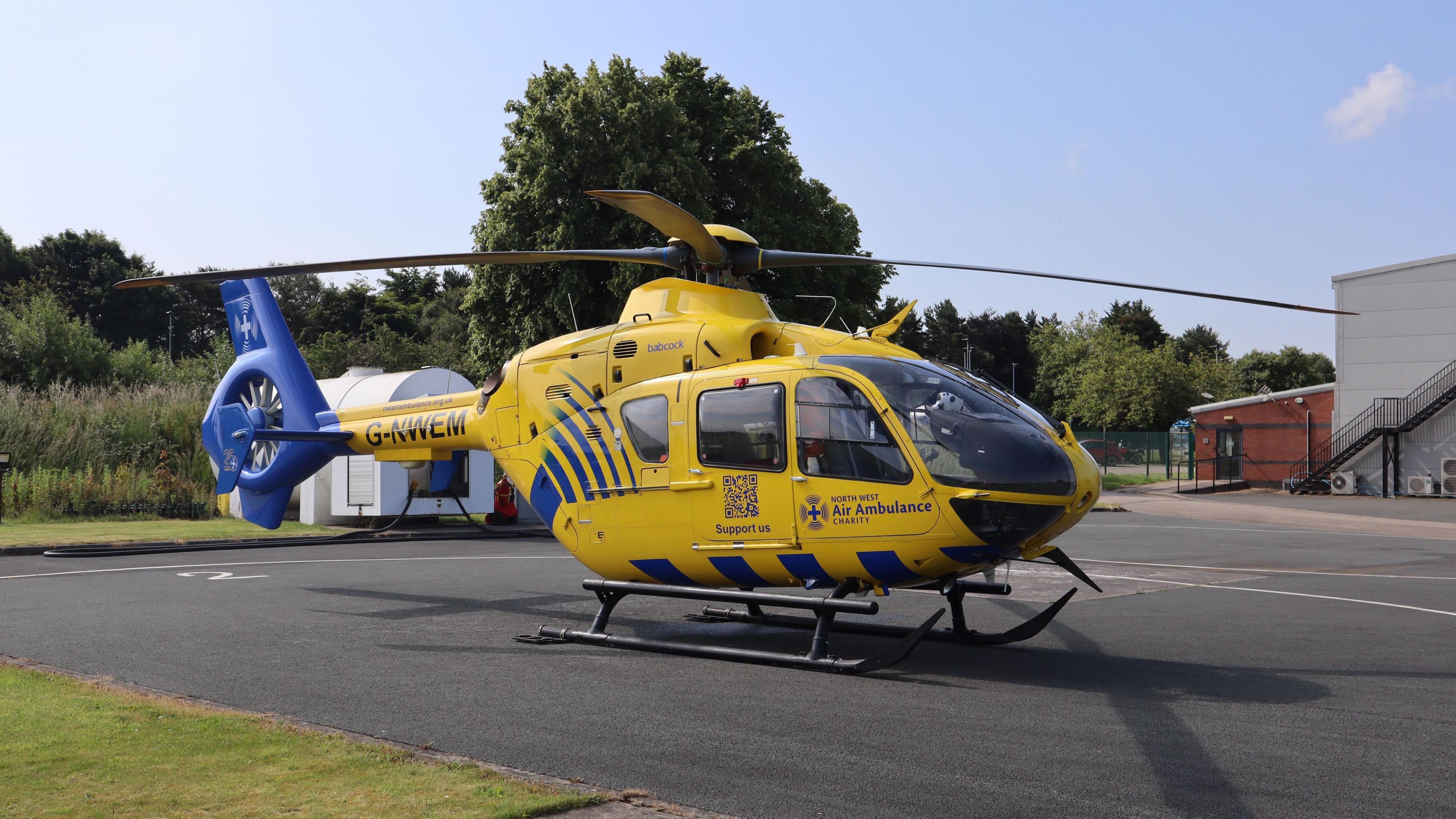 Yellow and blue air ambulance
