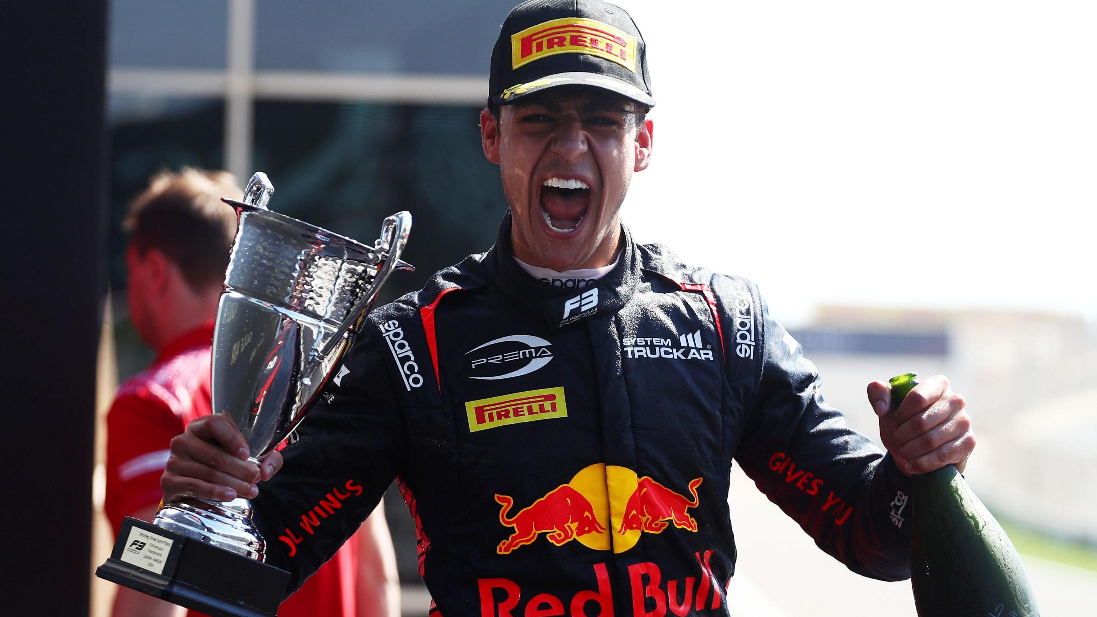 Arvid Lindblad celebrates a Formula 3 sprint race victory in Bahrain in 2024
