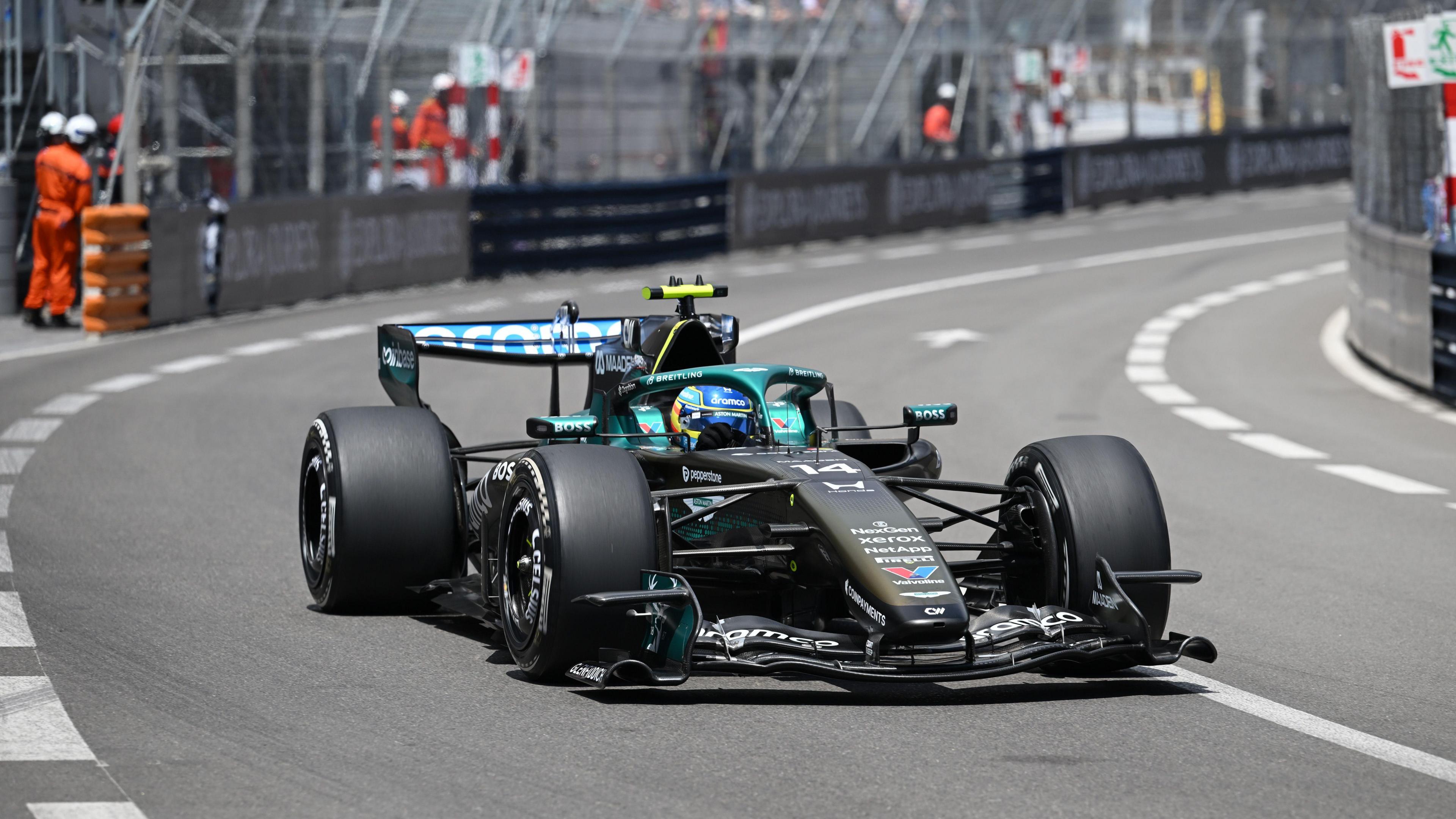 Fernando Alonso driving his Aston Martin in Monaco practice