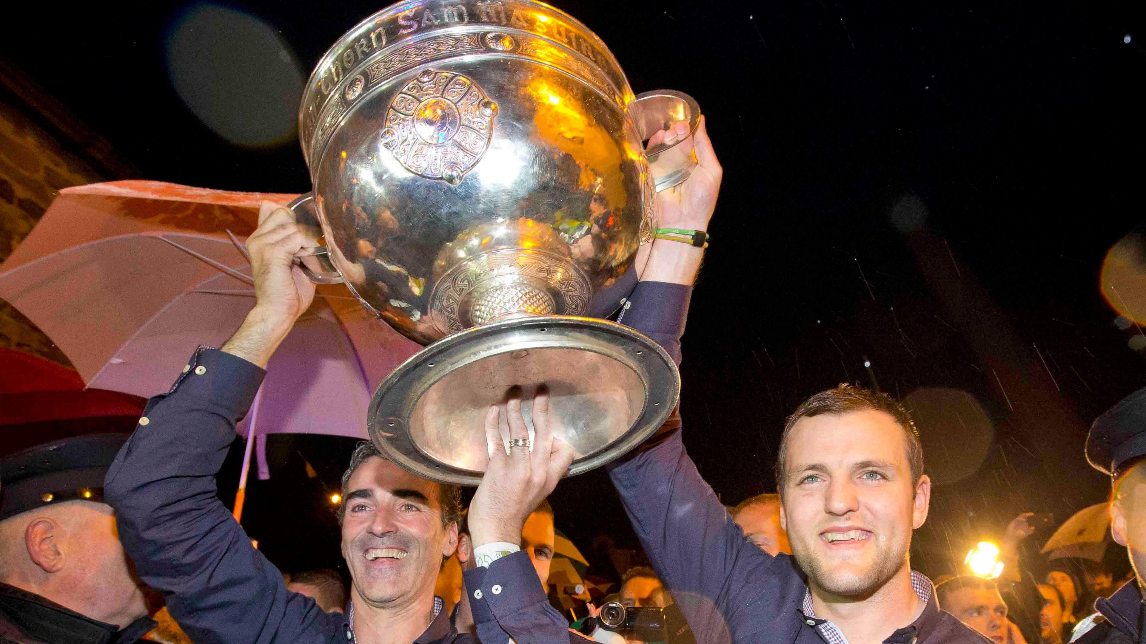 Jim McGuinness and Michael Murphy with the Sam Maguire Cup after Donegal's triumph in 2012