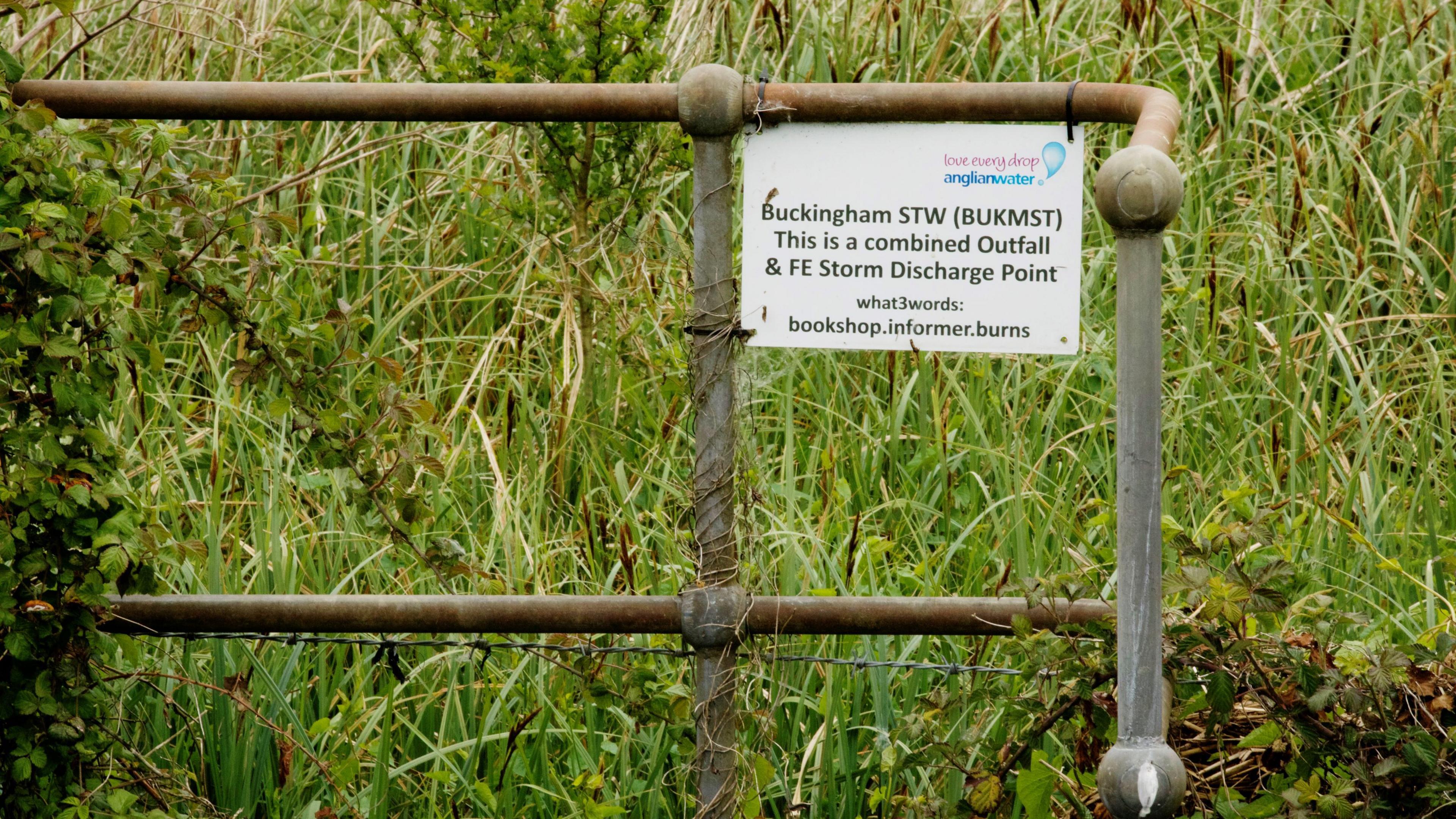 The bank of the Great Ouse river, with long grass and bushes growing around metal railings with signage from Anglian Water, which says "Buckingham STW" (referring to the sewage treatment works) and "This is a combined Outfall & FE Storm Discharge Point" - meaning that it discharged both treated wastewater and storm overflow
